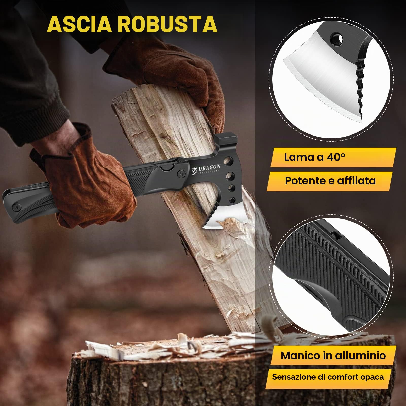 DRAGON CREEK Ascia da campeggio, ascia piccola per la sopravvivenza all'aperto, manico in alluminio 15 in 1 strumento multifunzionale con coltello sega martello, mini strumento - regali per uomini