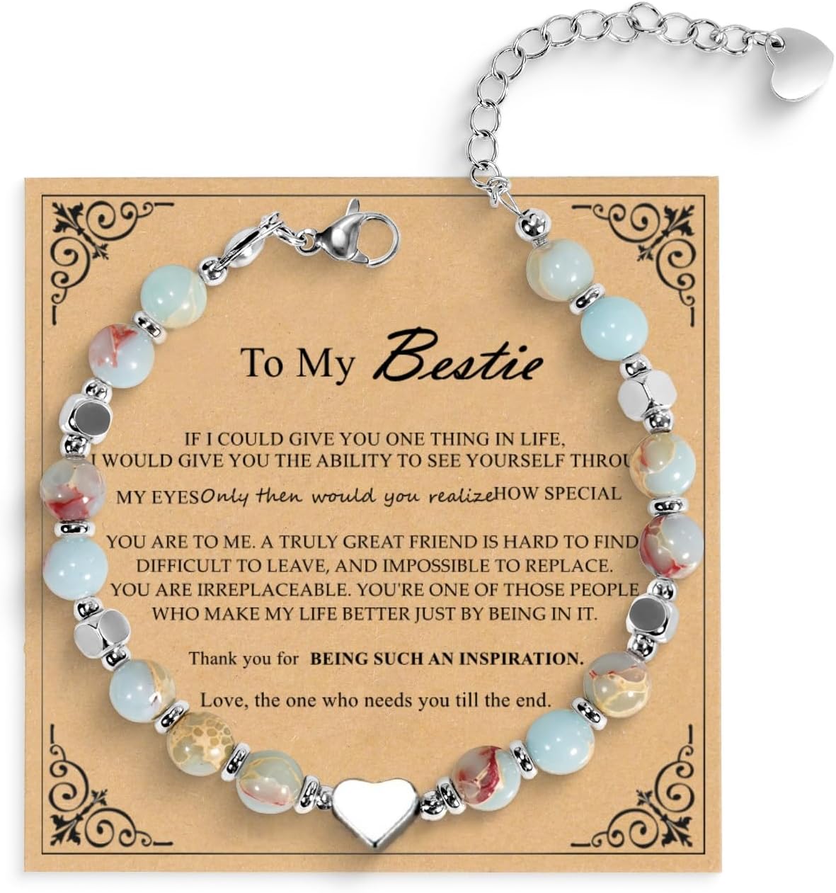 Best Friend Gift for Women Natural Stone Beads Friendship Bracelet with Heart Charm, Soul Sister Jewelry, Adjustable Stainless Steel BFF Gift