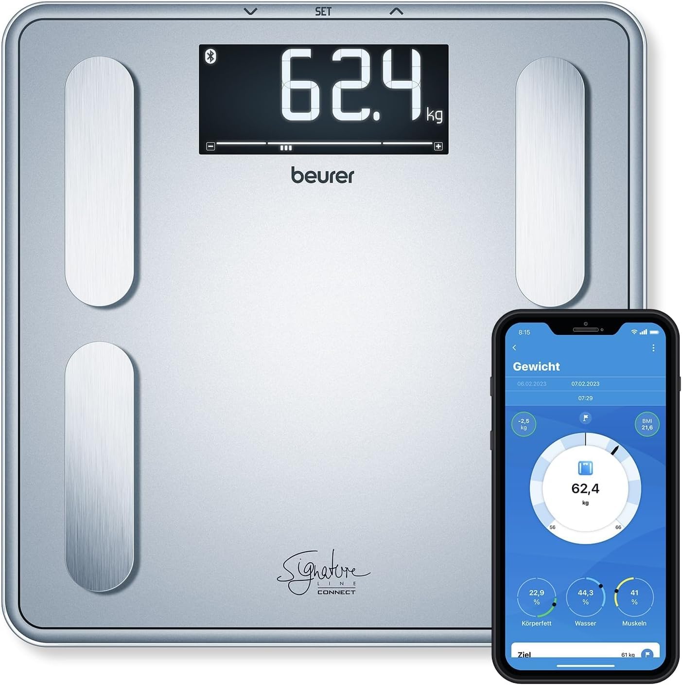 Beurer BF 405 Diagnosewaage, präzise Körperanalyse für bis zu 8 Personen, Messung von Körperfett, mit beleuchtetem XL- Display, Tragkraft bis 200 kg, inklusive App-Anbindung