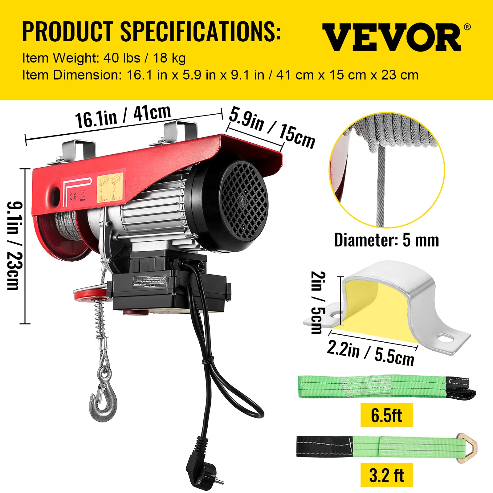 VEVOR Polipasto Eléctrico 220 V / 1450 W Capacidad de Carga 400 KG / 800 KG Cabrestante Eléctrico con Remoto Inalámbrico 12 m/min, 6 m/min Herramienta de Elevación para Talleres de Tienda Casera