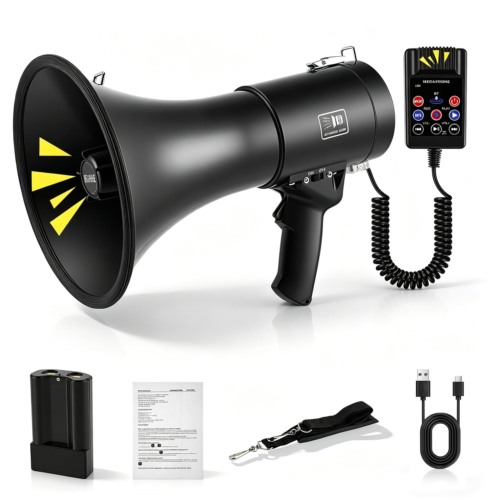 Mégaphone 150 W avec Bluetooth et fonction d'enregistrement – Mégaphone avec sirène et microphone, portée jusqu'à 2000 m, haut-parleur stéréo à 360 °, lecture USB, 3 types d'alimentation