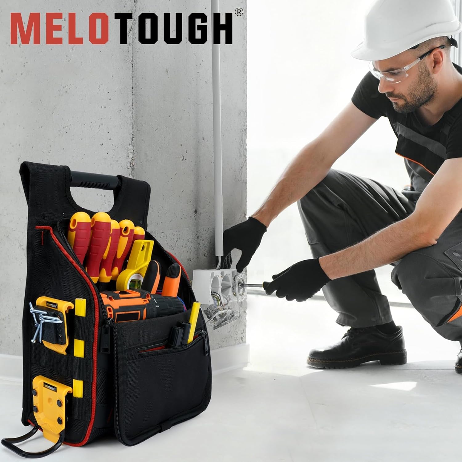 MELOTOUGH Electrician Tool Pouch with Shoulder Strap, Zippered Flip Cover Tool Pouch Bag with Multiple Storage Pockets for Electricians, Technicians, Maintenance - Image 2
