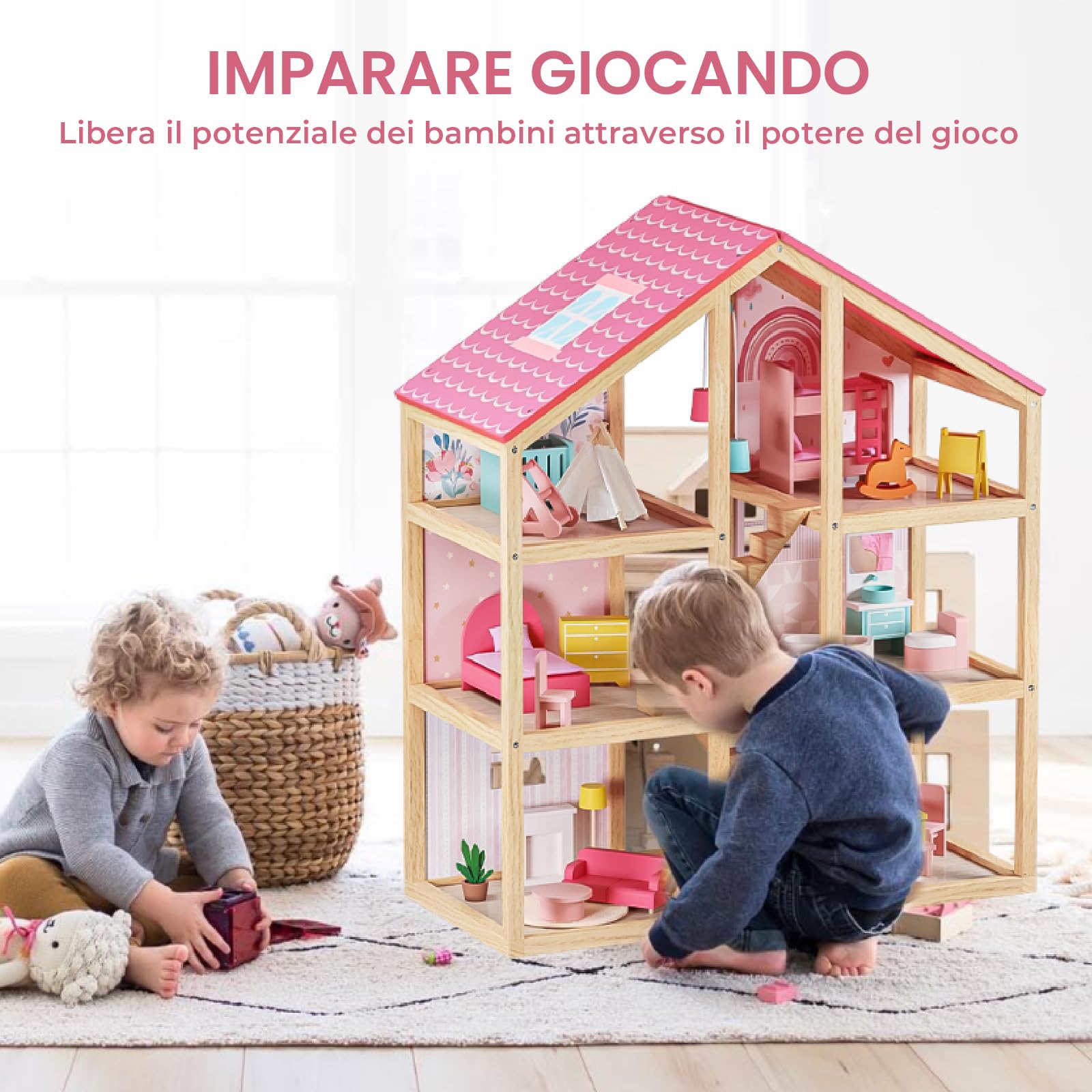 Tiny Land Casa delle bambole in legno per ragazze - 6 camere casa delle bambole in legno, fai da te Pretend Dream House con 30 accessori per mobili, regalo per ragazze dai 3 anni in su