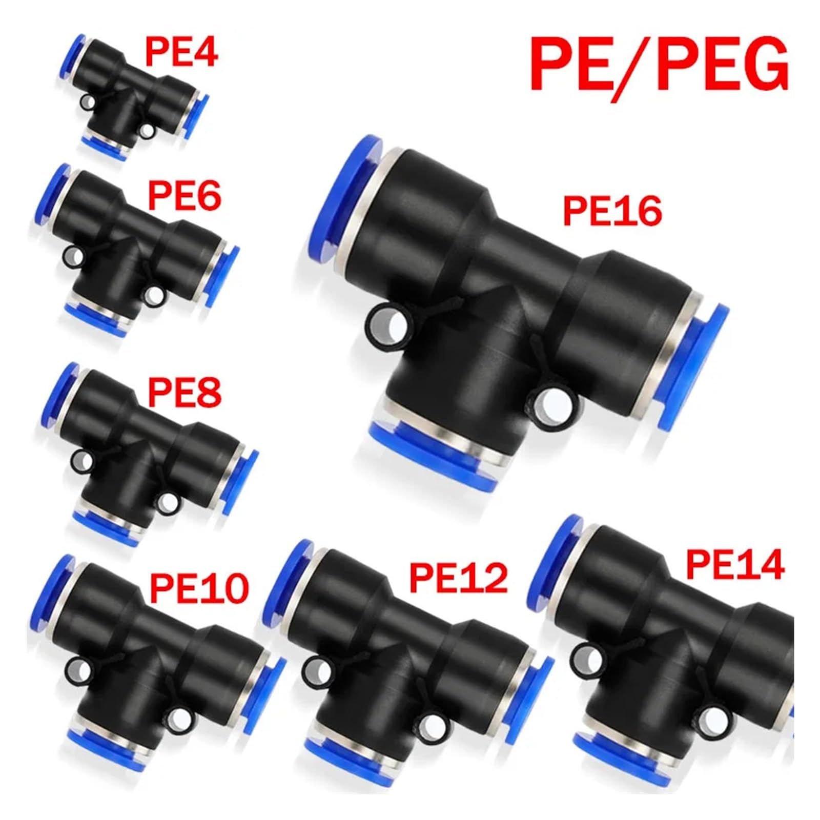 TaoHHU Conectores rápidos for manguera de aire, conectores de plástico PE, PEG, 4 mm, 6 mm, 8 mm, 10 mm y 12 mm, for insertar en el enchufe, 20/50 unidades(PE-10,100 PCS)