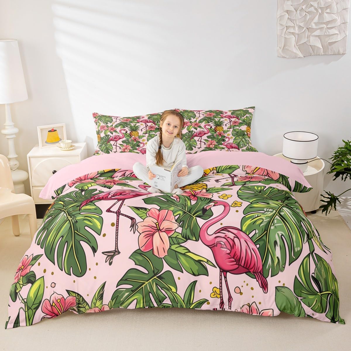 jejeloiu Flamingo Duvet Cover Toddler Size Kids Tropical Leaves Comforter Cover for Boys Girls Teens Pineapple Floral Bedding Set Breathable Bird Print Bedroom Decor Bedclothes