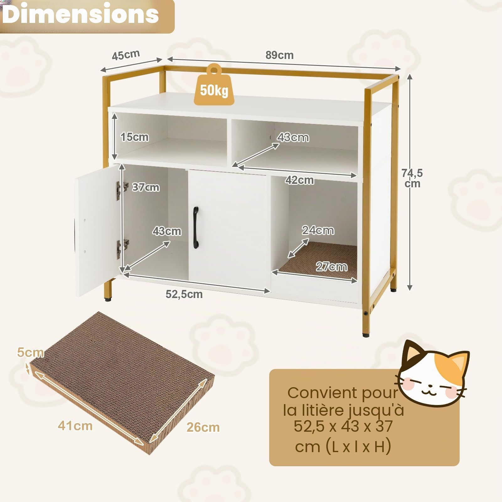 SOARS Maison de Toilette Chat, Meuble Litiere Chat avec Tapis à Griffer, Étagères Ouvertes, 2 Compartiments, Pieds Hauts, Maison Chat pour Salon, Couloir, Entrée (Blanc, 89 X 45 X 74,5 CM)