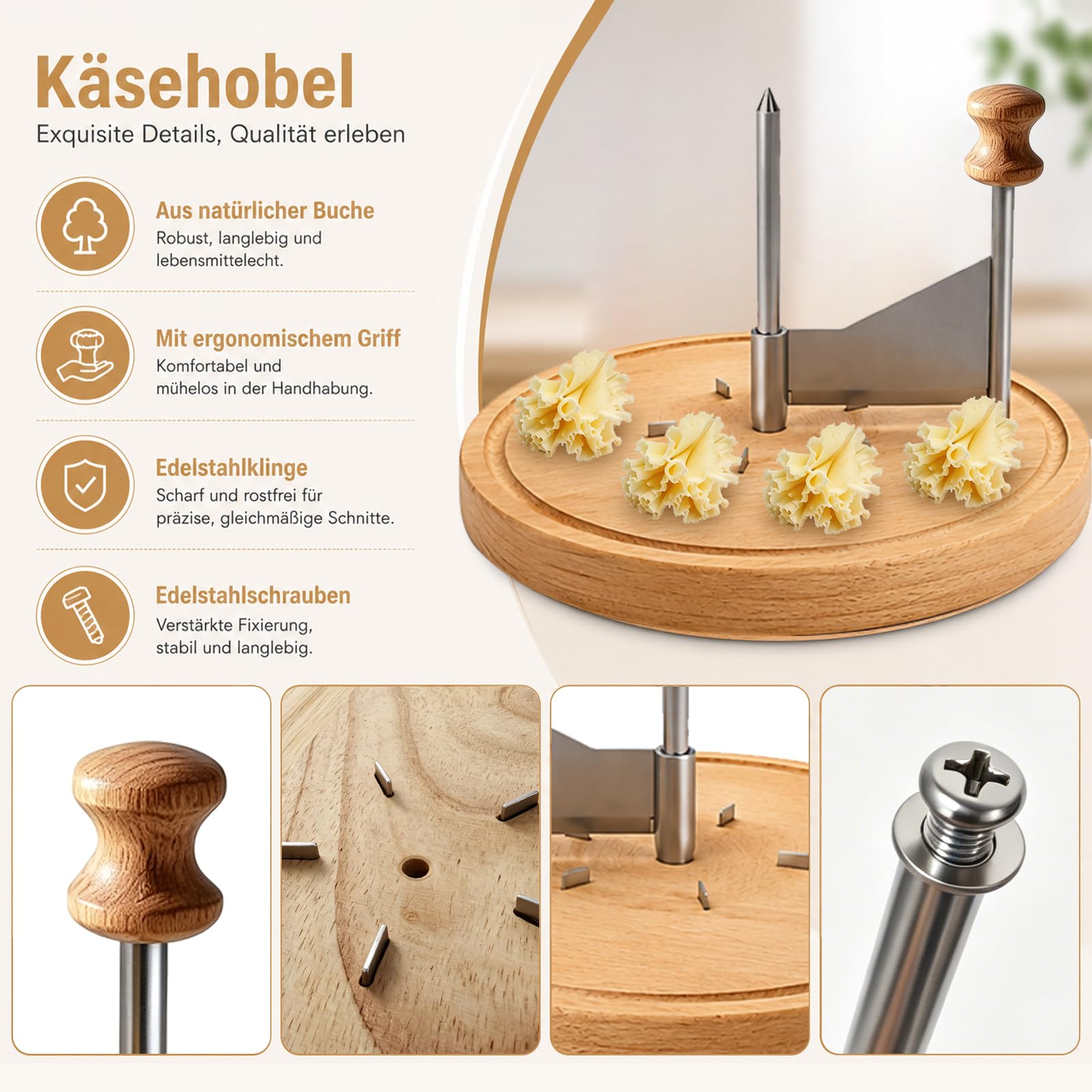 Affetta formaggio rotonda in legno per Tête de Moine, diametro 22 cm x 14,3 cm, raschietto rotante per formaggio con lama in acciaio inox, per fiori di formaggio e cioccolato, bigodini per gourmet