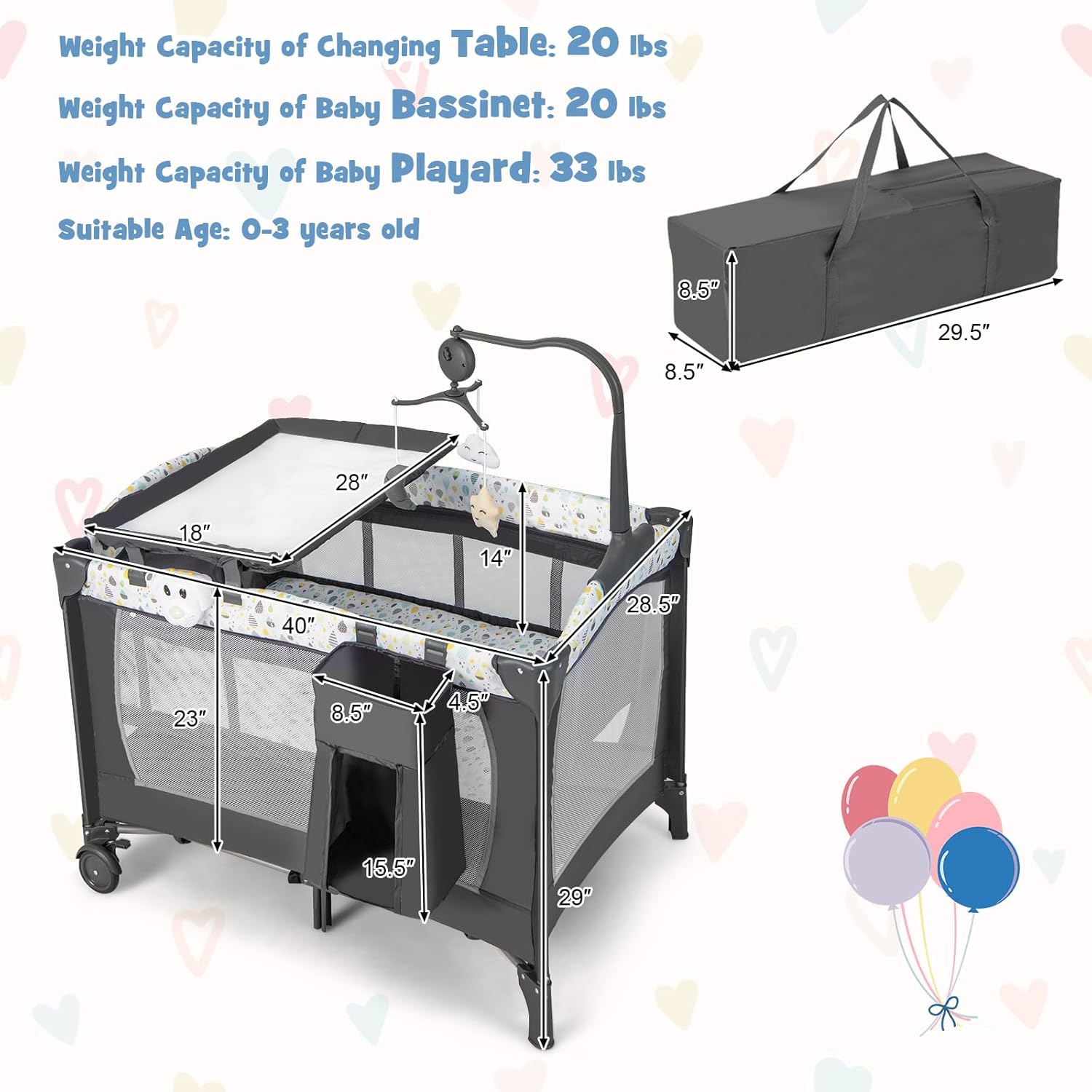 HONEY JOY Pack and Play, 4 in 1 Portable Baby Playard with Bassinet, Changing Table, Lockable Wheels, Music Box, Foldable Travel Baby Crib Nursery Center from Newborn to Toddler (Gray)