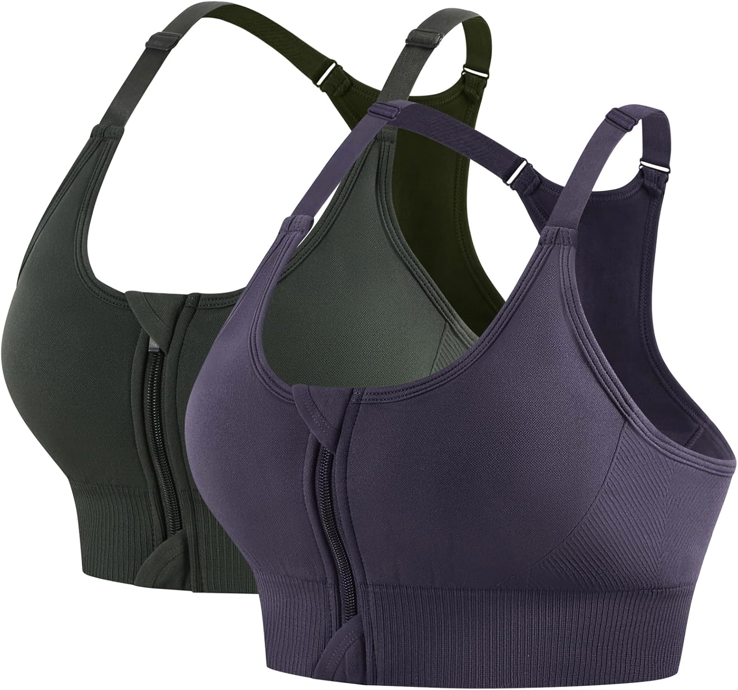 2 Pack Adjustable Sports Bras for Women, Zip Front Closure High Impact Seamless Wireless Padded Workout Gym Yoga Bra