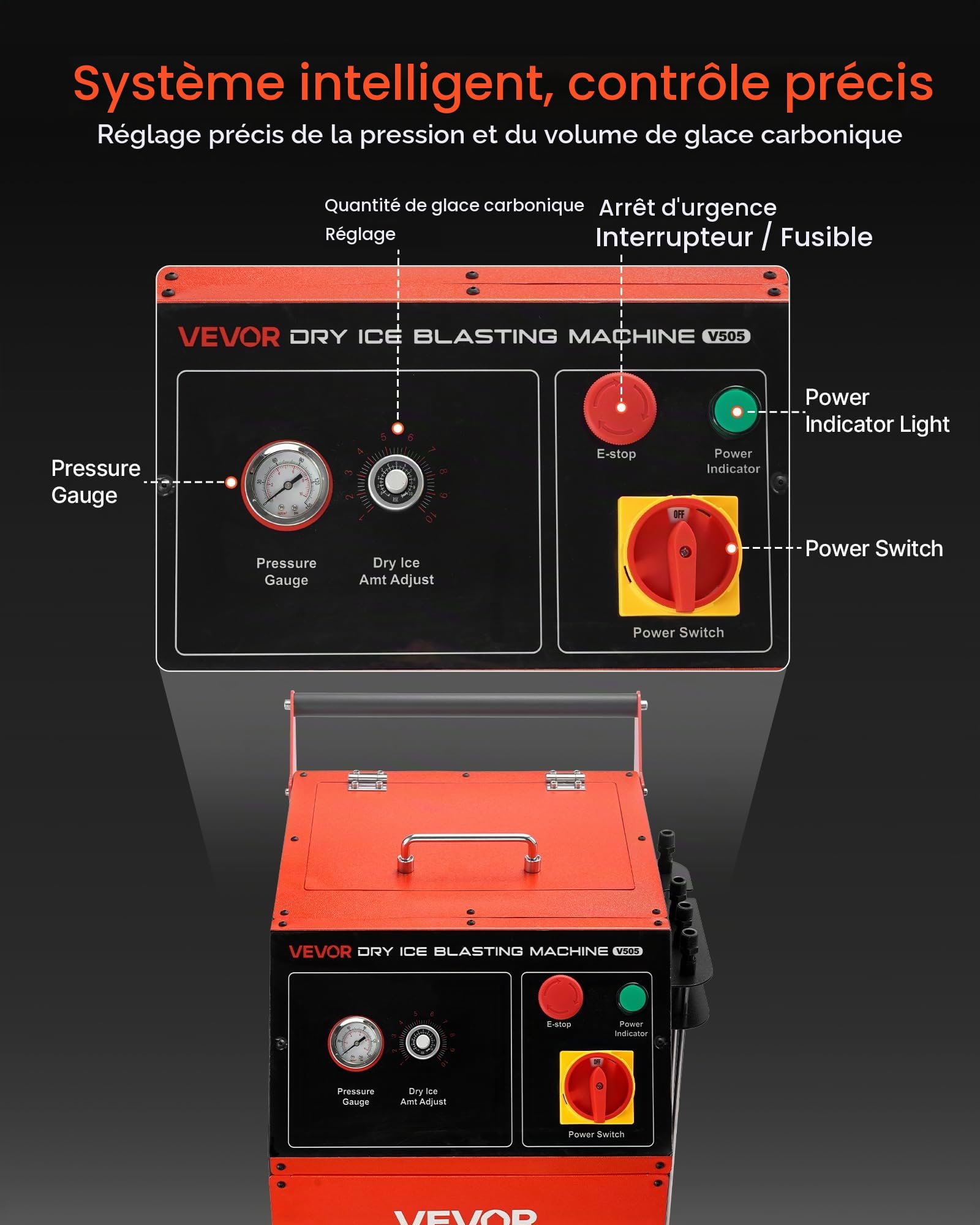 VEVOR Machine de Projection de Glace Sèche, Capacité 5 kg, Machine de Nettoyage Cryogénique 4 Buses, Pression Quantité Réglables, Nettoyeur à Jet Mobile pour Auto, Navire, Aviation, Produits Chimiques