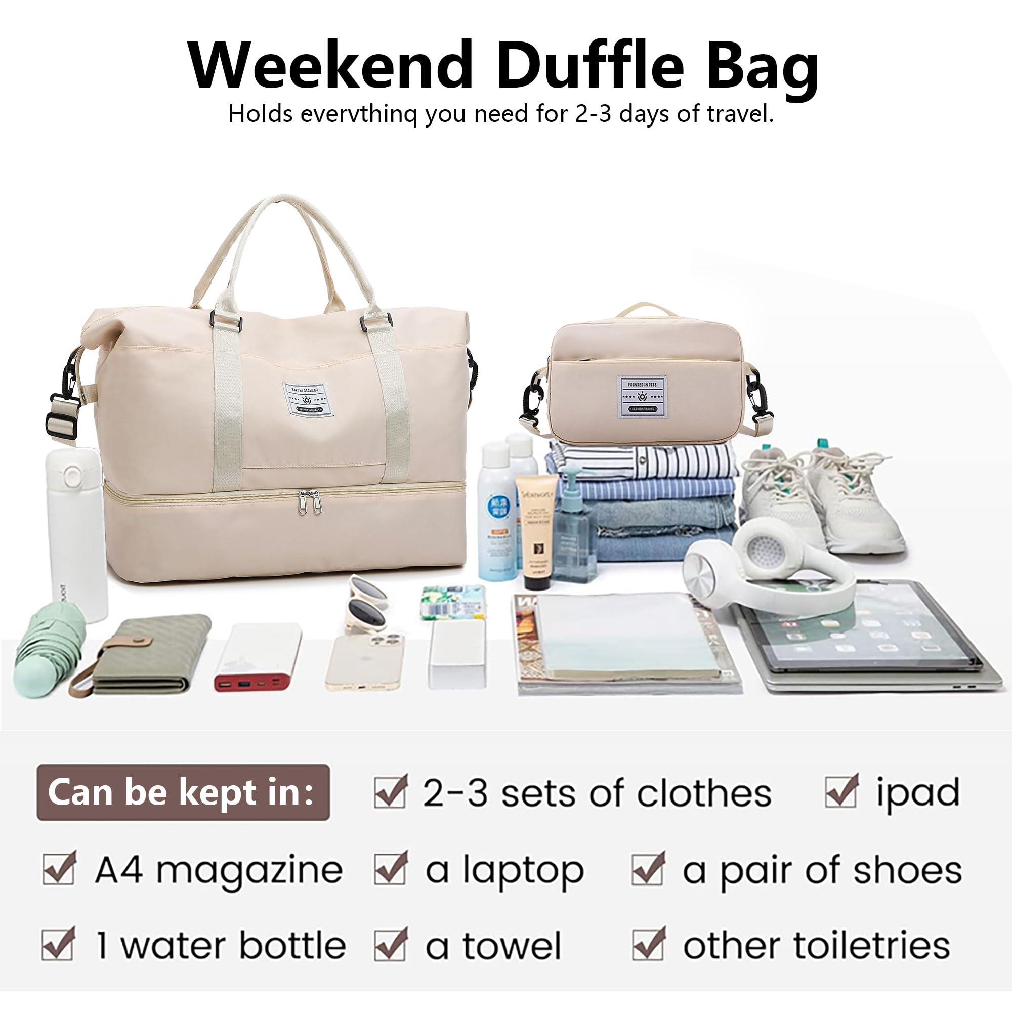 Borsoni Borsone da Viaggio Donna Borsa Palestra Bagaglio a Mano Borsa da Viaggio Sportiva Tote Gym Borsa Ospedaliera Capacità Grande Impermeabile Pieghevole per Uomo e Donna (Beige)