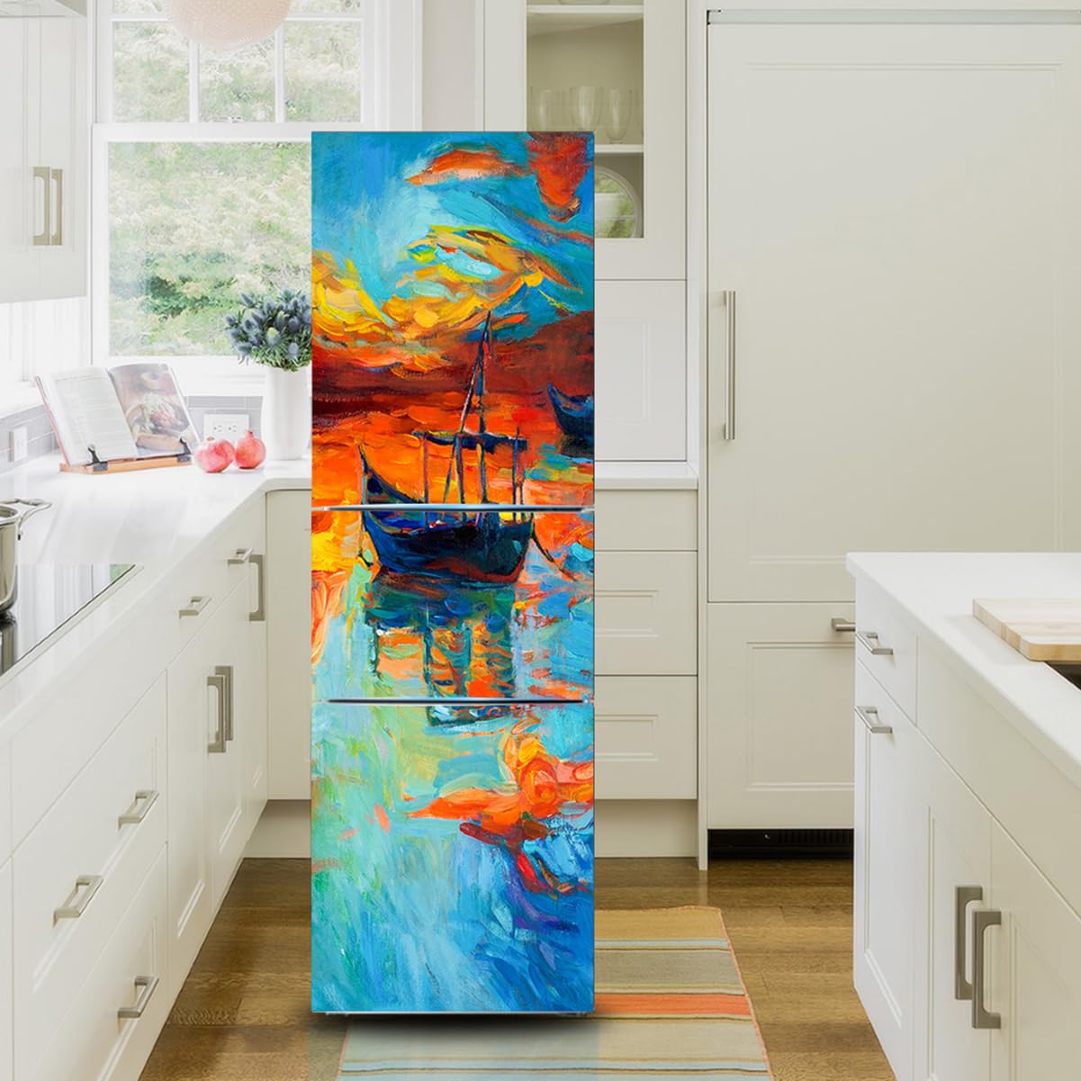 VHcgCGJ Fridge magnet, Full Covering, Freezer Skins Wall Stickers for Kitchen Decal, Oil Painting Sailing Boat Sunset(S: 60x150 cm)