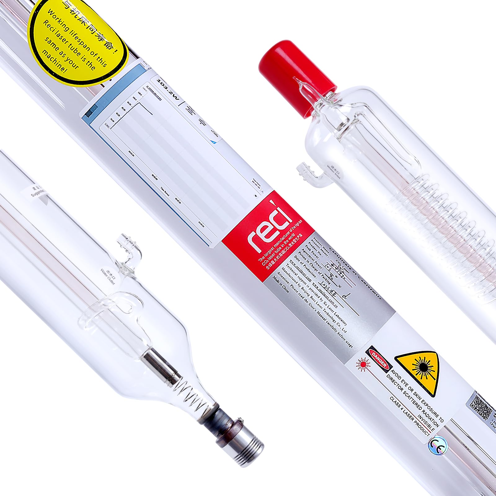 RECI CO2 Laser Tube 90W (Peak 100W) 1240mm W2/S2 18 Months Warranty Shipping from US Duty Free for Laser Engraving Cutting