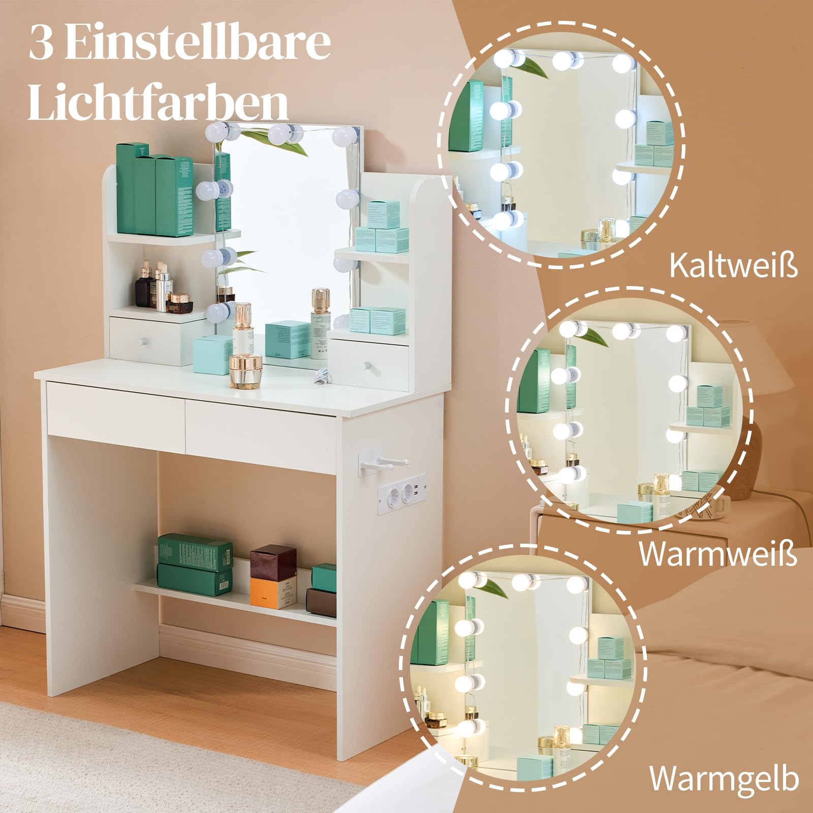 LEADZM Schminktisch mit LED-Beleuchtung & Spiegel, 3 Farben Verstellbarer Helligkeit, Frisiertisch mit 4 Schubladen, Steckdose & Föhnhalter(Weiß, 85x40x130 cm)