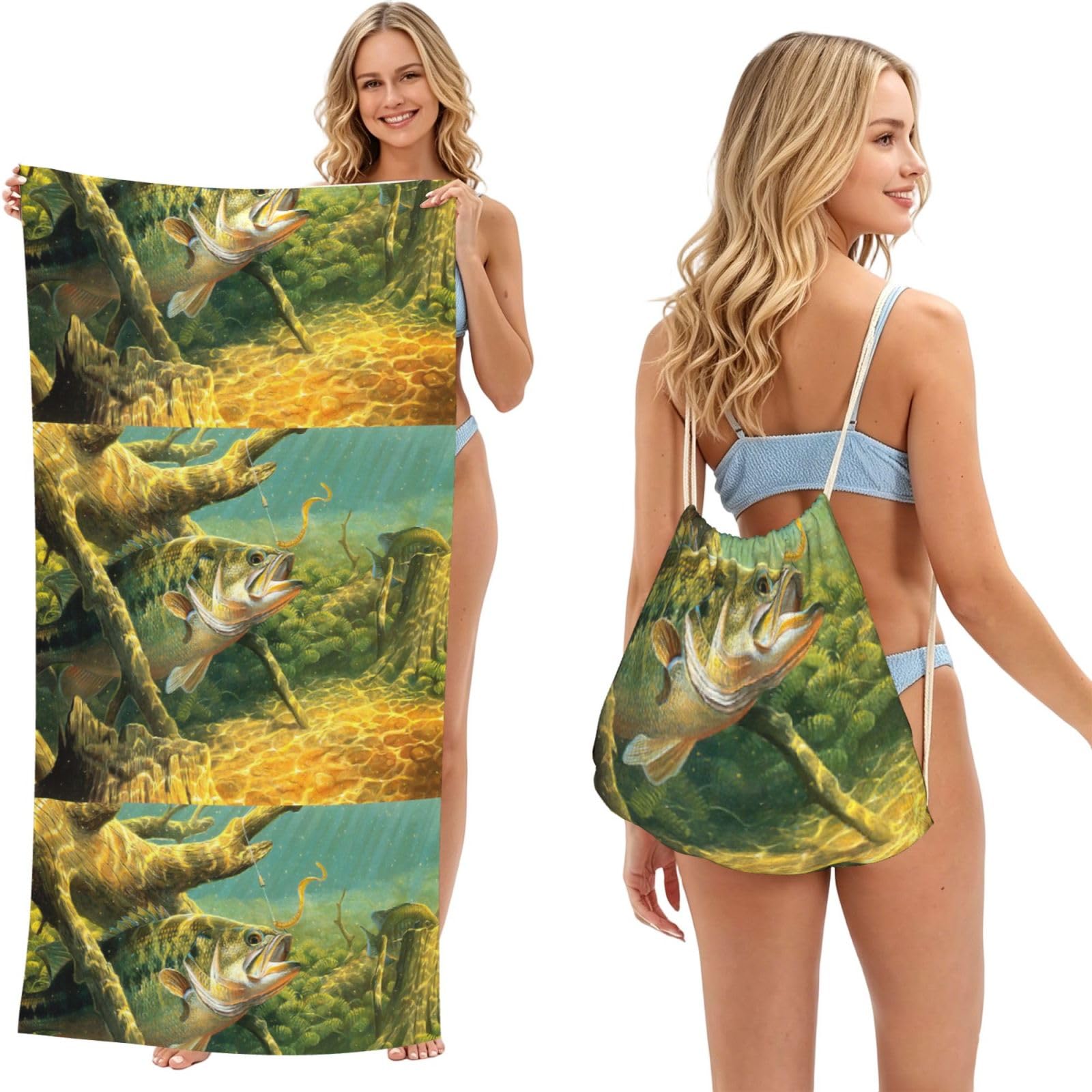Poadnly As Picture Bass Fish Fishing Printed, 2 In 1 Packable Towel Bag, Beach Towels With Drawstring Backpack For Travel Holiday Camping