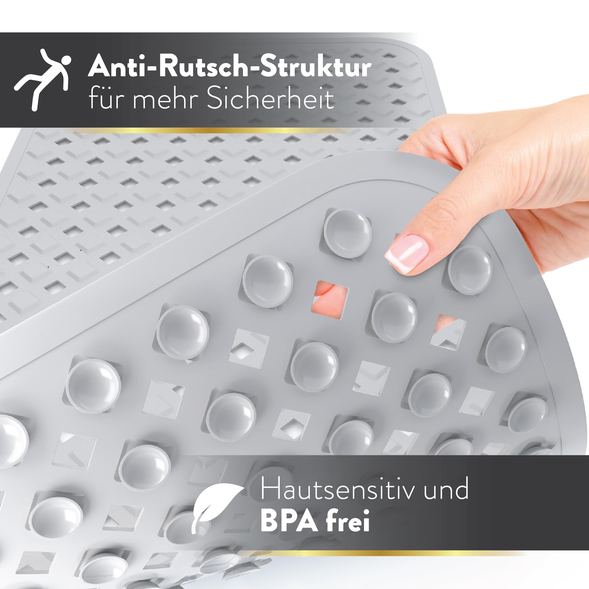 Tappetino per vasca da bagno, antiscivolo e sensibile alla pelle (grigio), 88 x 39 cm, lavabile in lavatrice, senza muffa, senza BPA, antiscivolo per vasca da bagno con ventose