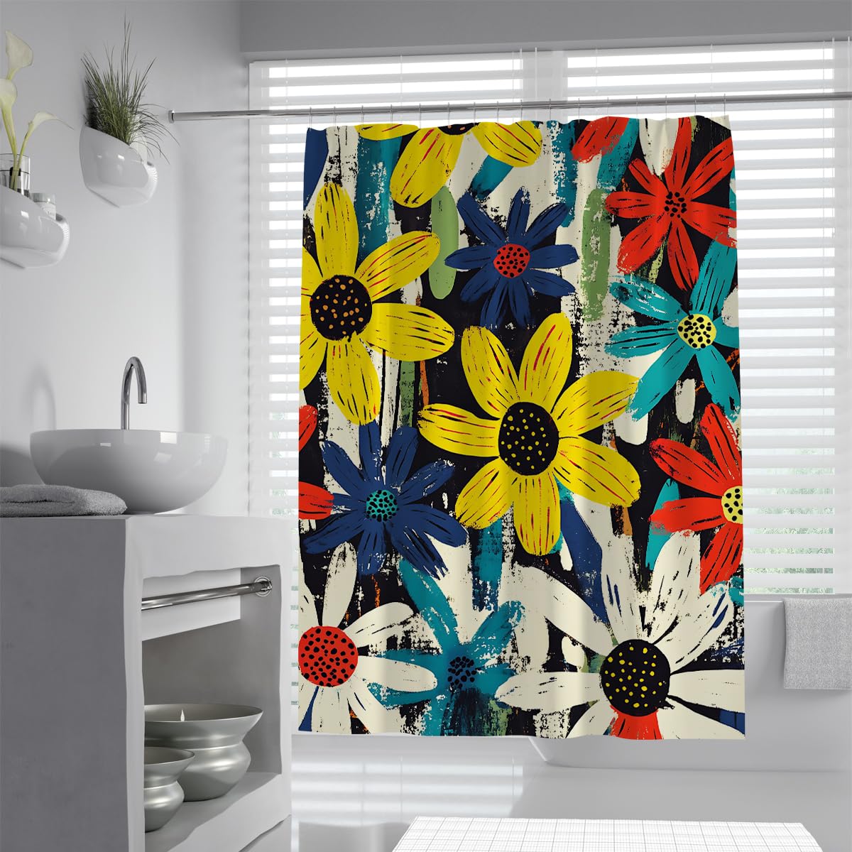 UIRINGART Bright Yellow Blue Shower Curtain W200xL200cm Bold Floral Print Waterproof Polyester Mildew Resistant Quick Dry Bathroom Decor with Hooks