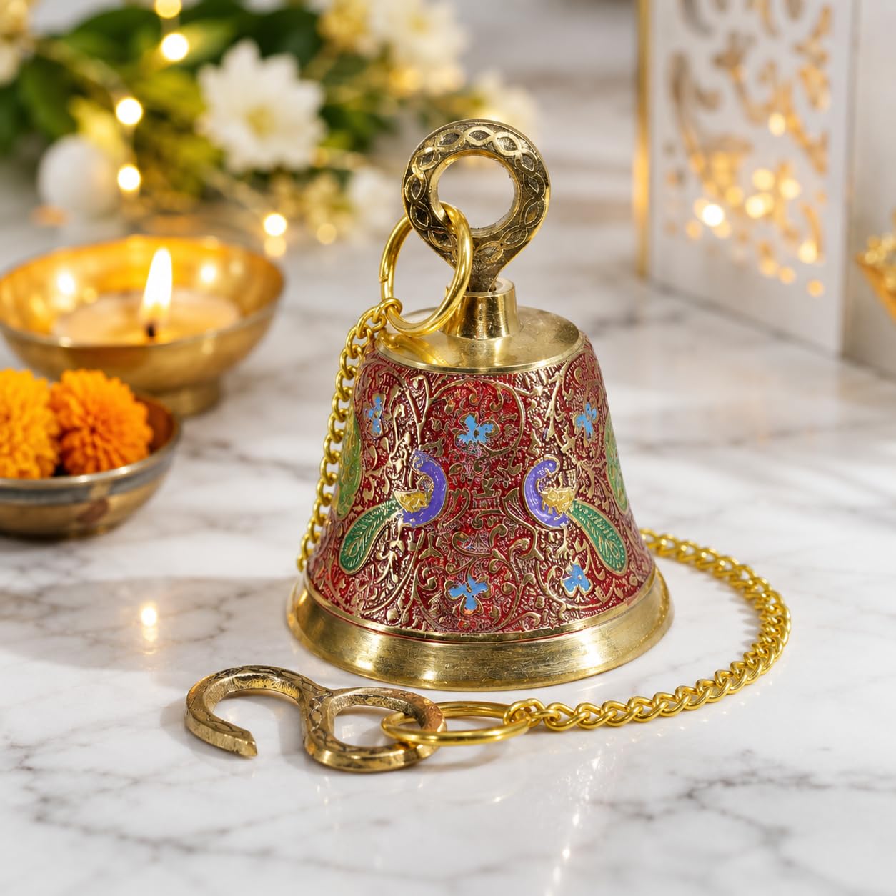 CraftVatika Brass Wall Hanging Bell Ghanti for Pooja Decoration Mandir Home Temple, Pooja Decorative Items, Ghanti Bell with Deep Sound, Puja Bell with Chain and Hook (21 Inch Height)-image-14