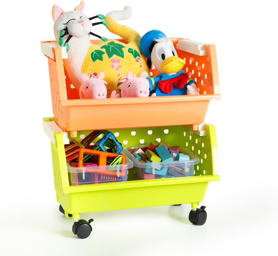 MAGDESIGNER Kids' Toys Chest Large Baskets Storage Bins Organizer with Wheels Can Move EverywhereNatural/Primary (Primary Collection) (Orange&Green)