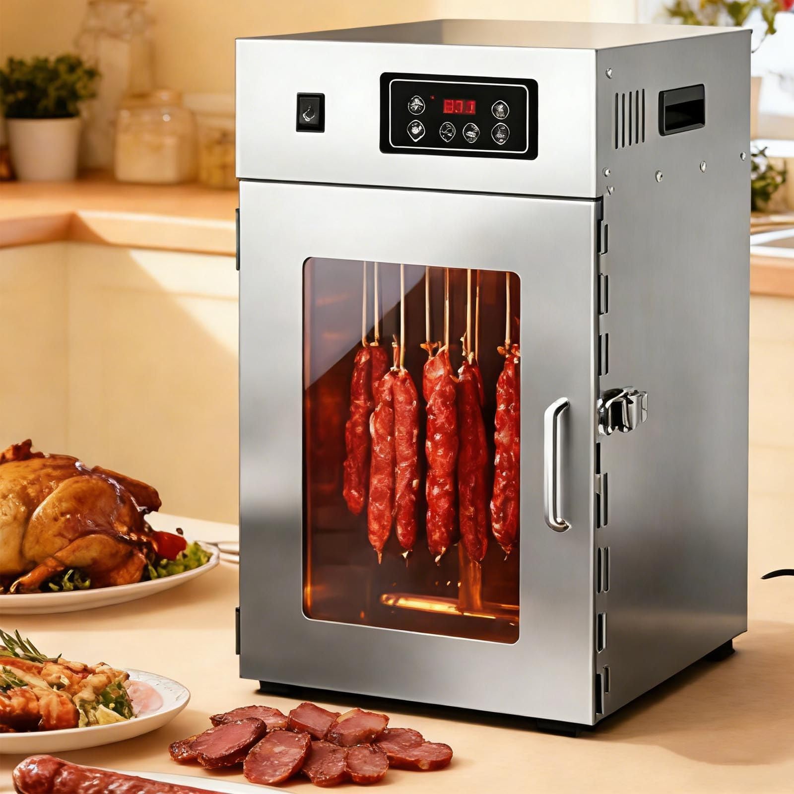 7.5kg Dry Aged Reifeschrank,Trockenschrank Für Fleisch,Dörrautomat Aus Edelstahl-Große 14 Aufhängestangen, Temperaturregelung Von 30-90℃/ 24h-Timer-Zum Von Biltong, Fleisch, Wurst