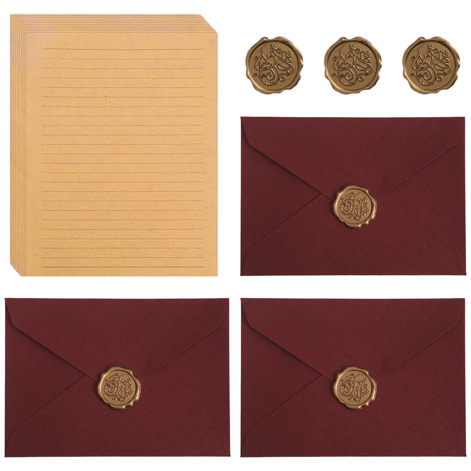 Set Vintage Carta da Lettere Kraft con Buste, 10 Carte e 3 Adesivi Sigillo Cera Rosso