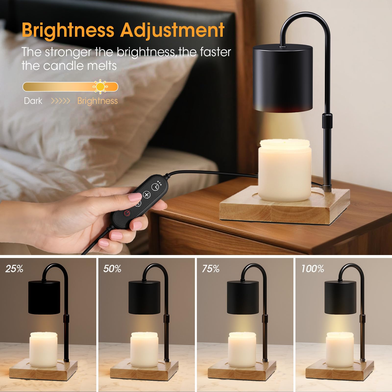 MQFORU Lampe chauffe-bougie électrique avec minuterie 2h/4h/8h, intensité variable, sécurité réglable, bougies parfumées pour la maison, cadeaux décoratifs (4 ampoules, noir) (RLD-01) (NLD12)