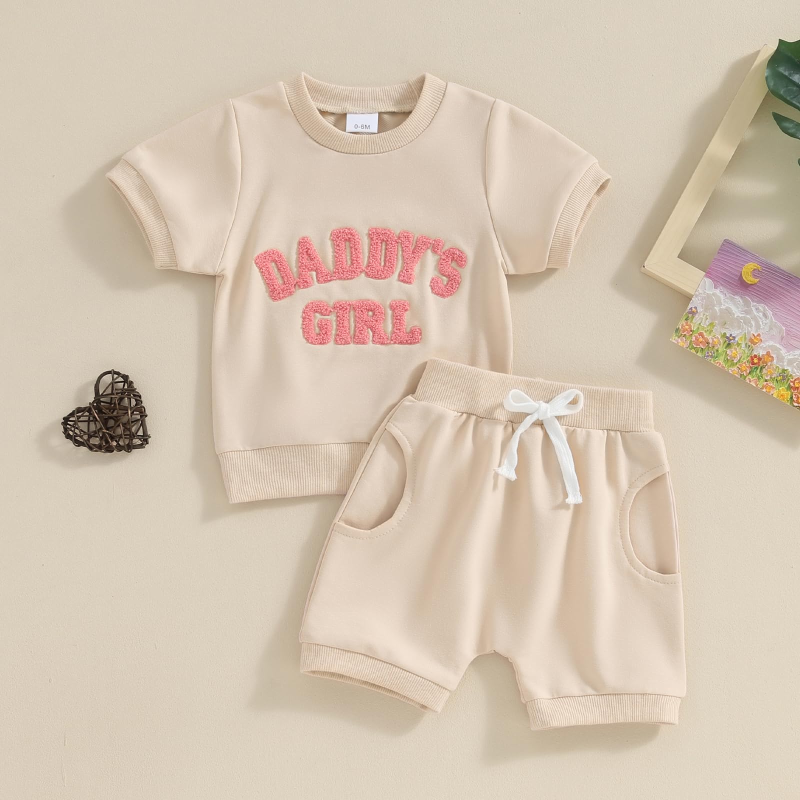YINGISFITM Toddler Baby Girl Summer Clothes Daddys Girls Short Sleeve T Shirt and Shorts Sets Cute Casual Outfits (Daddys Girls Beige, 2-3 Years)