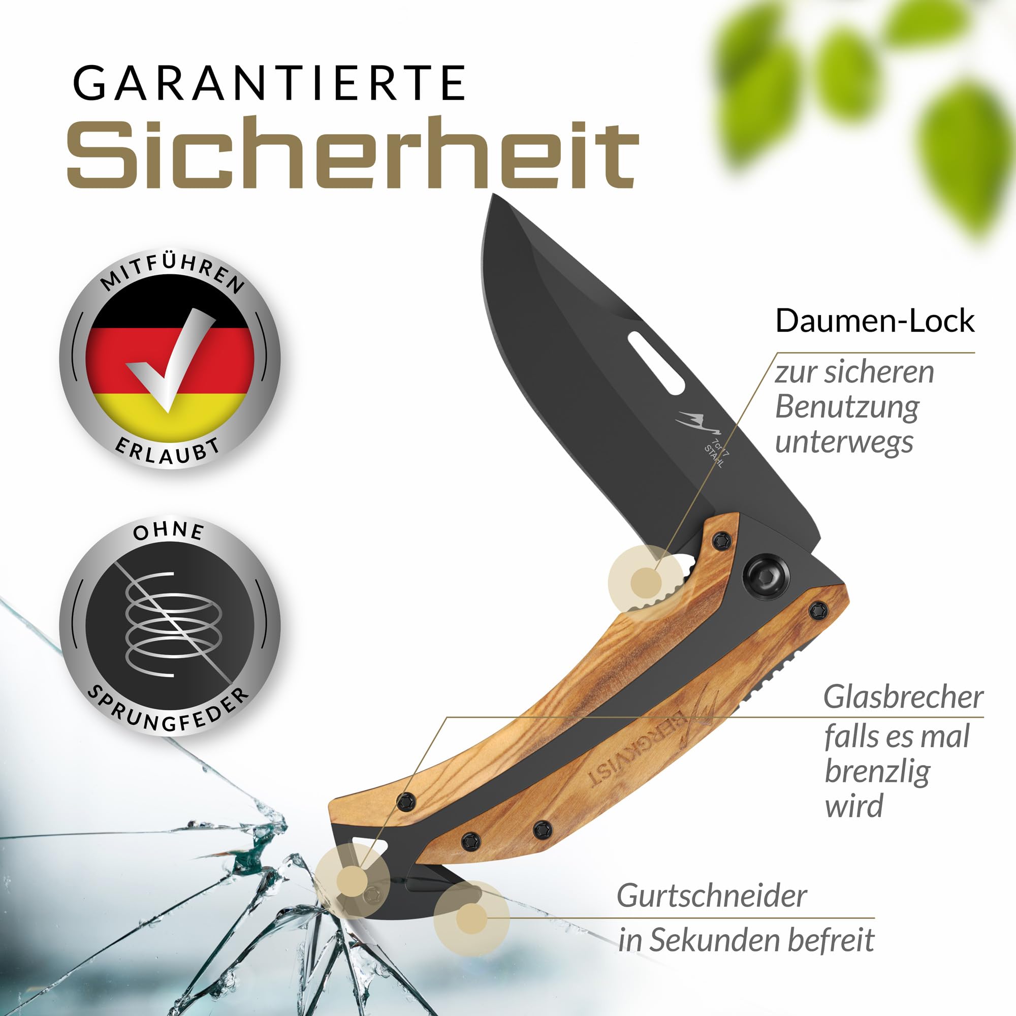 BERGKVIST K30 Titanium nóż składany (dwuręczny) z drewnianą rączką - scyzoryk zewnętrzny 3 w 1 z łamaczem szkła i przecinakiem do pasów do przetrwania, polowania i kempingu