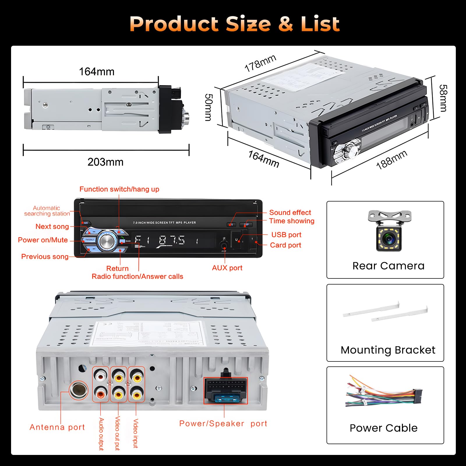 Hikity Autoradio 1DIN Bluetooth, 7'' Pantalla Retráctil Táctil | Manos Libres, USB FM Mirror Link AUX, Cámara de Visión Trasera, Estéreo Radio de Coche