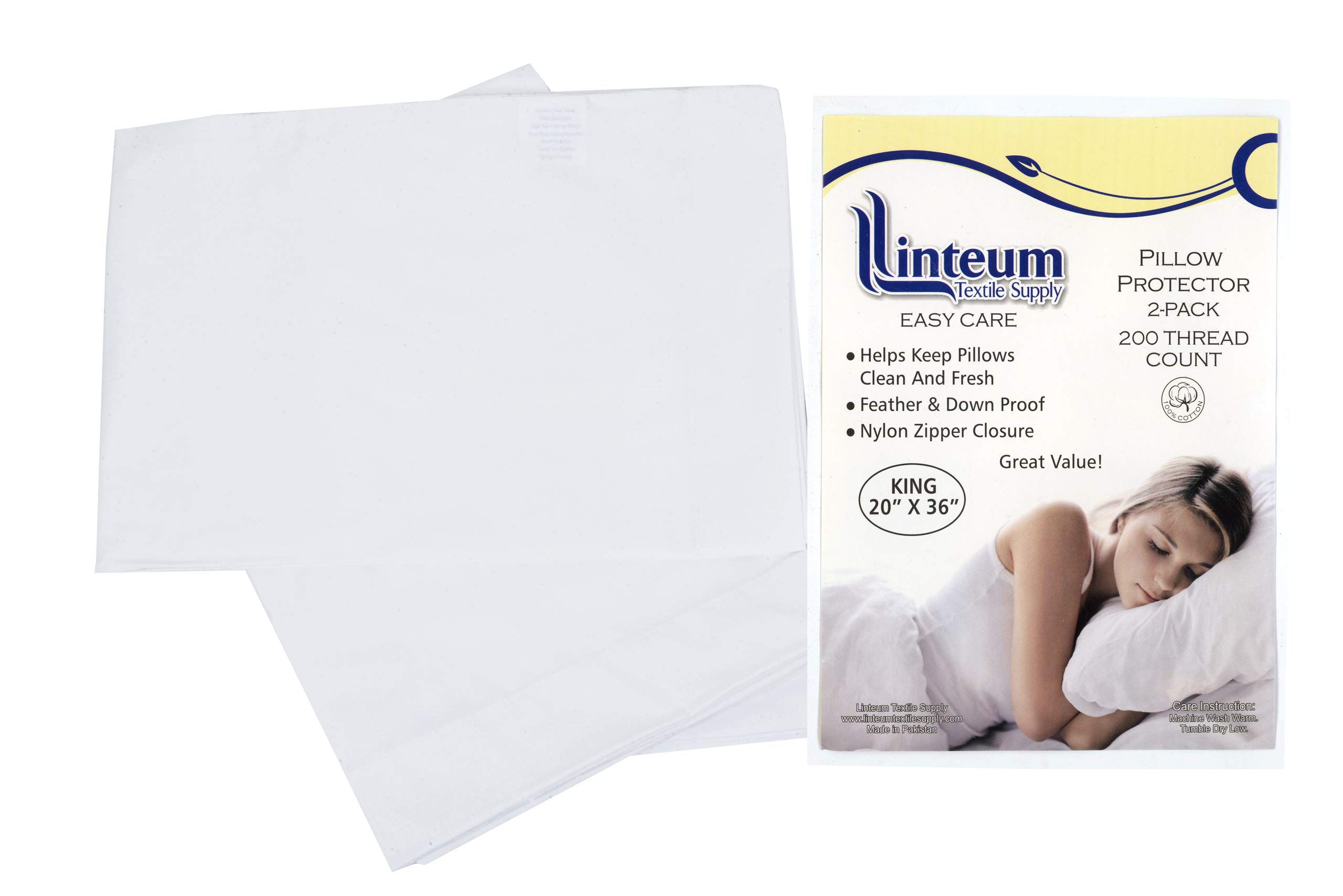 Linteum Textile Supply White Pillowcase Cover King Size Zippered Pillow Protectors 20x36 Inches 100% Cotton Pillow Covers 200 Thread Count Pillow Encasement for Home, Hotels, Hospitals [2 Pack]