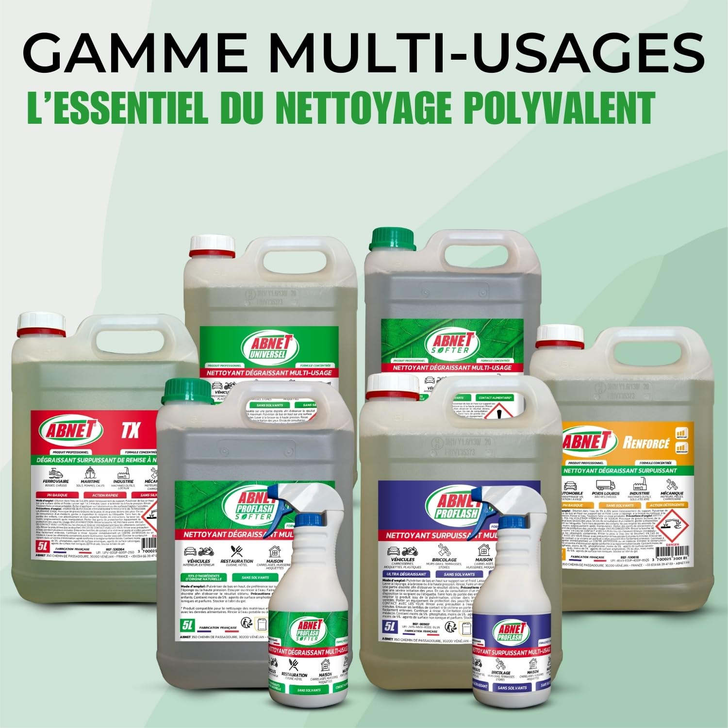 ABNET - Abnet Proflash -Nettoyant Surpuissant Multi-usages - Action détergente et dégraissante - Prêt à l’emploi - 5L