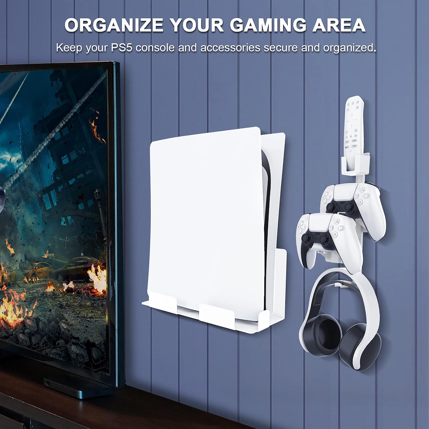 NexiGo PS5 Accessories Wall Mount Bundle - Wall Bracket for Playstation 5 Console (Disc & Digital), Controllers, Headphone and Media Remote - Sturdy PS5 Wall Stand Hanger for PS5 Console