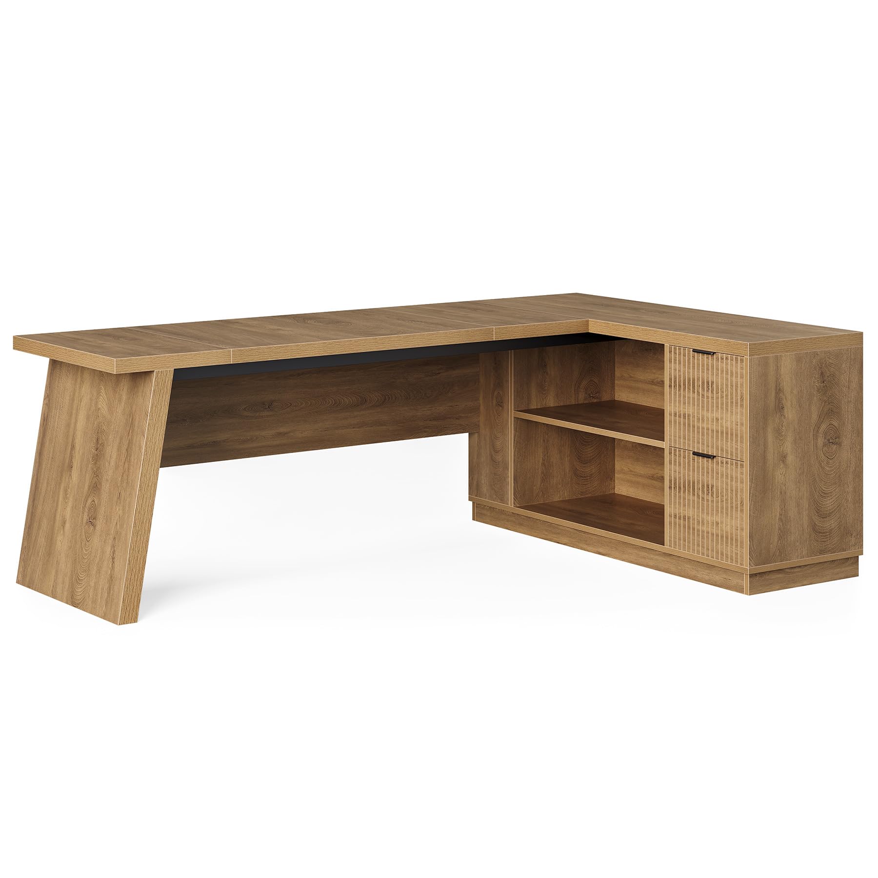 LITTLE TREE 78-Inch L-Shaped Executive Desk, Modern Desk with Drawers & File Cabinet, Large Walnut Office Workstation with Storage Shelves for Home