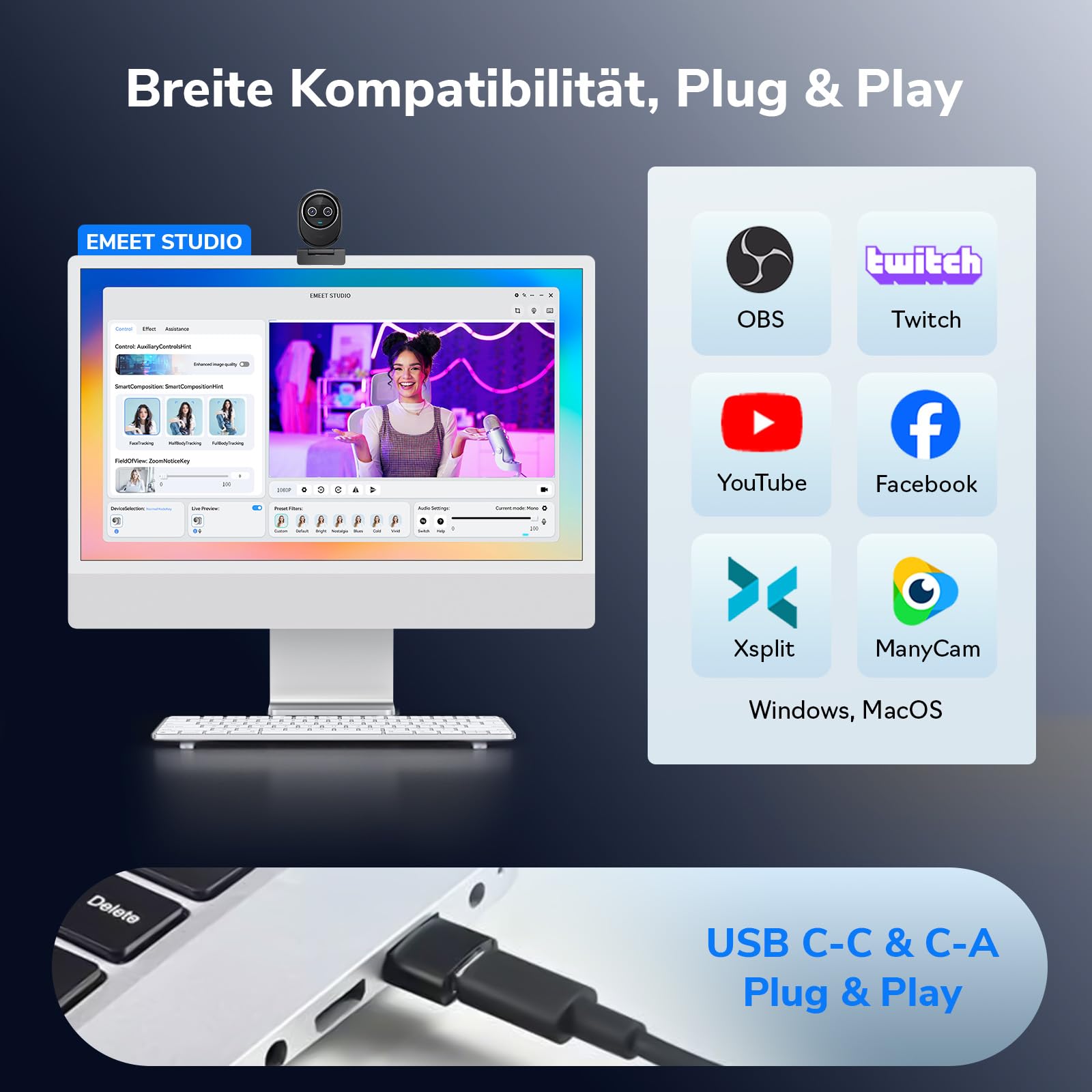 EMEET Piko+ Webcam 4K, KI-Fokus, für PC/Mac/Switch 2, Homeoffice | Mit 1/2.55'' Sony-Bild｜Dual-Fokus｜Panda-Privatsphäre｜Für Curved Monitor｜Plug & Play via USB｜Top für Videocalls