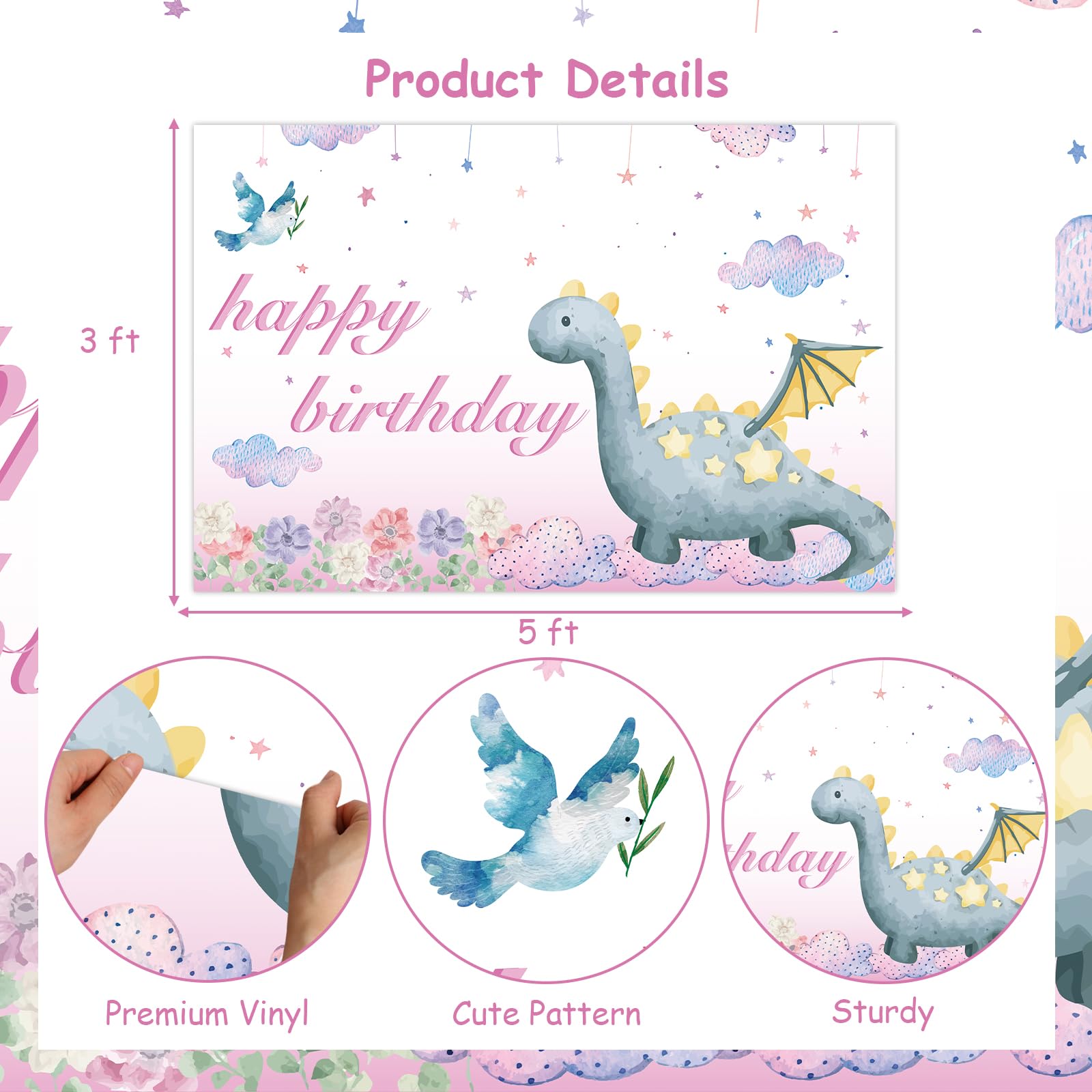 5x3 FT Pink Dragon Happy Birthday Backdrop - Enchanting...