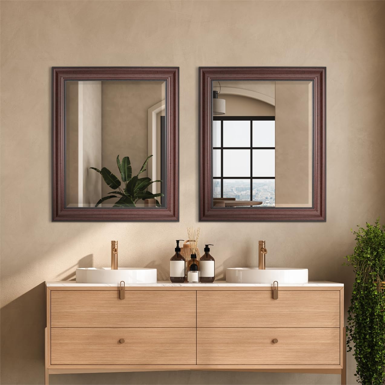 Head West Deep Cherry Framed Rectangle Wall Mirror with Beaded Inner Frame, Decorative Beveled Bathroom Mirror for Over Sink, Bedroom, and Living Room, 28" x 34"