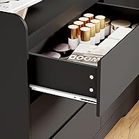 Vista 6 de BEWISHOME Cómoda negra para dormitorio, cómoda moderna de madera con 6 cajones, cómoda con diseño superior de valla de espacio abierto para sala