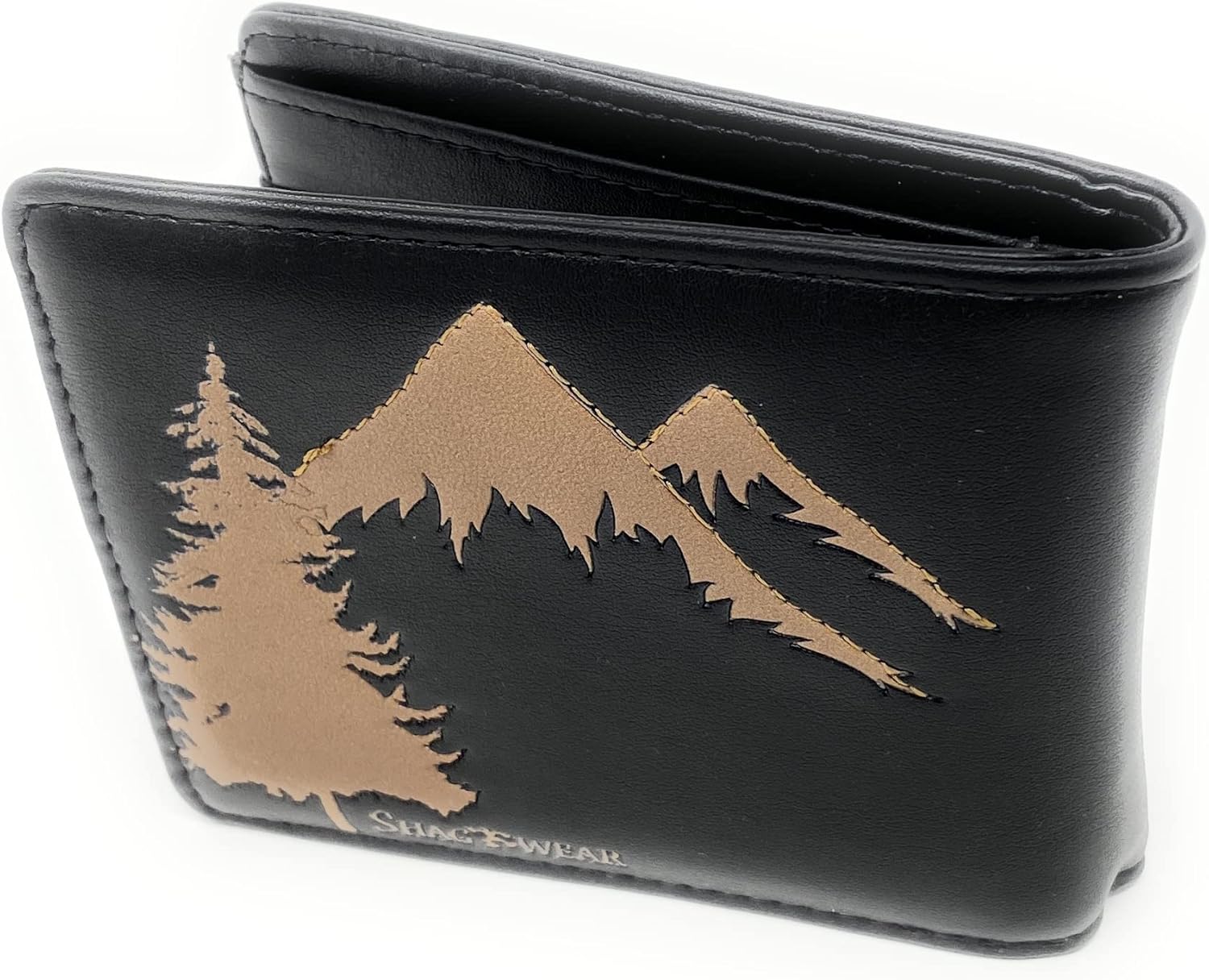 Shag Wear Big Foot Men’s Wallet Black Vegan Faux Leather Silhouette Over Brown Footprint Woodland Cryptid Design Bifold with Card Slots and Billfold