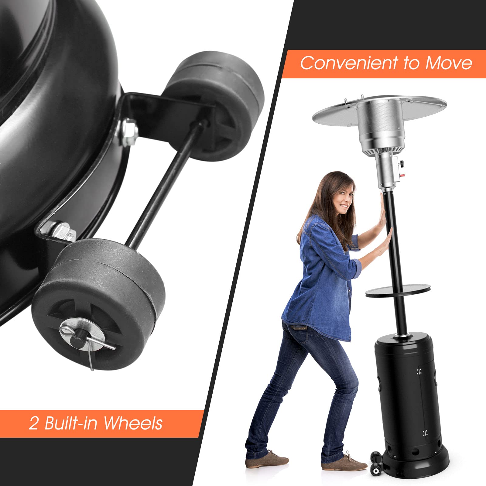 Amazon.com: COSTWAY Patio Heater, 48000 BTU Propane Heater with Drink Shelf  Tabletop, Simple Ignition System, Base Reservoir and Wheels, Standing  Outdoor Space Heater for Patio, Garden and Backyard (Black) : Patio, Lawn