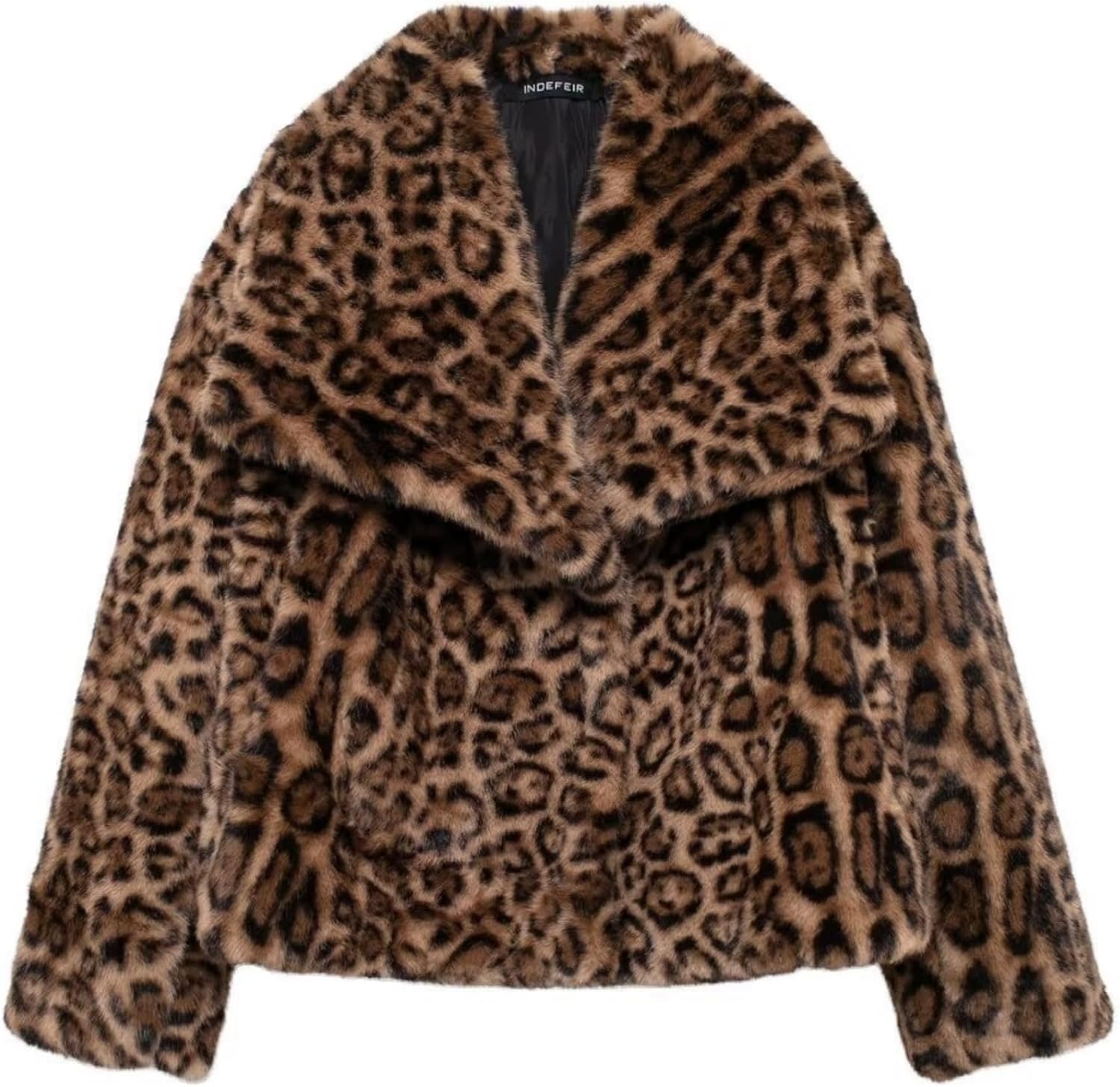 Perbai Women's Cropped Faux Fur Jacket Leopard Printed Lapel Open Front Shaggy Furry Winter Coat