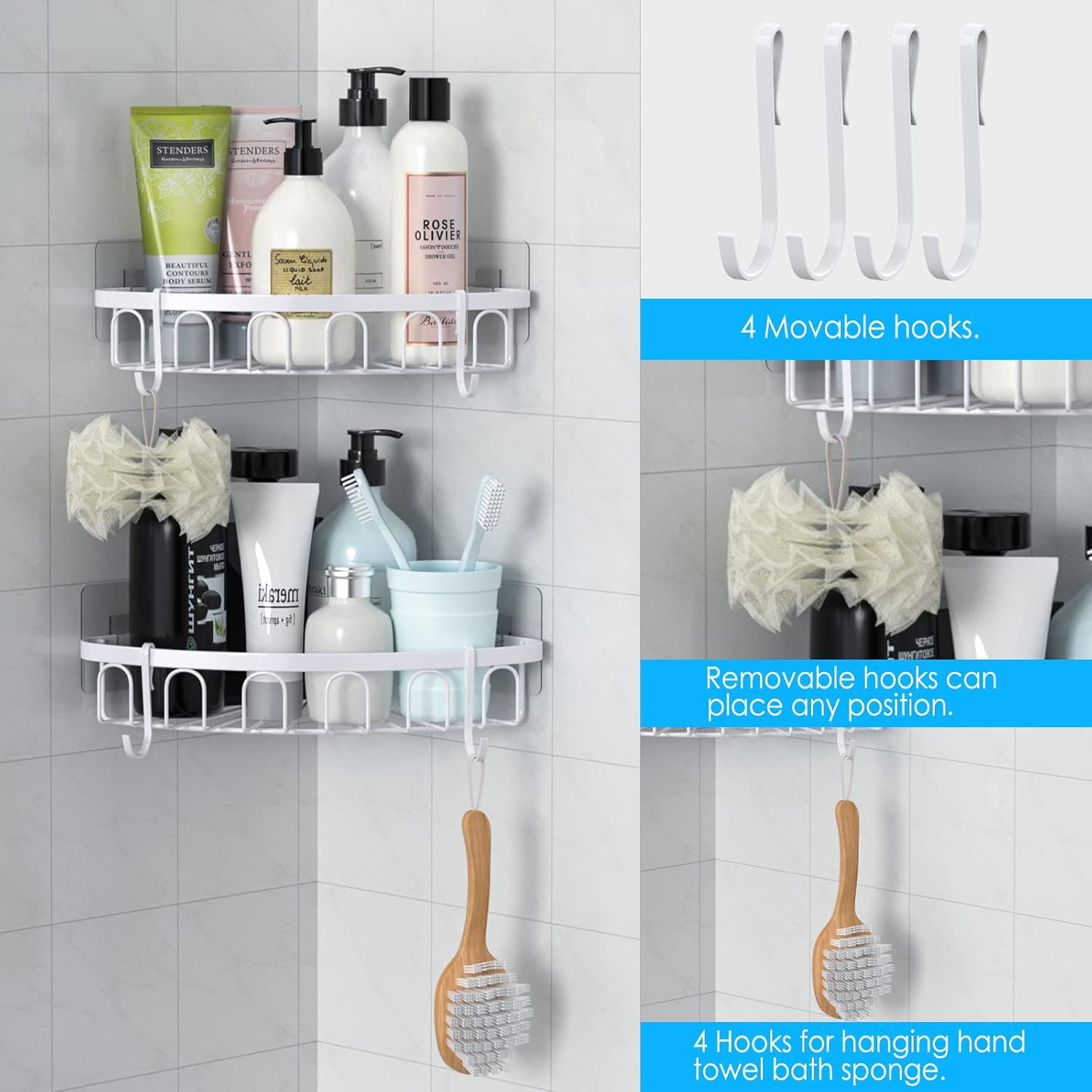 stusgo Shower Caddy Corner 2 Pack, Adhesive SUS304 Rustproof Stainless Steel Shower Shelf for Inside Shower, Bathroom Shower Organizer Shower Rack, No Drilling with 4 Hooks, White