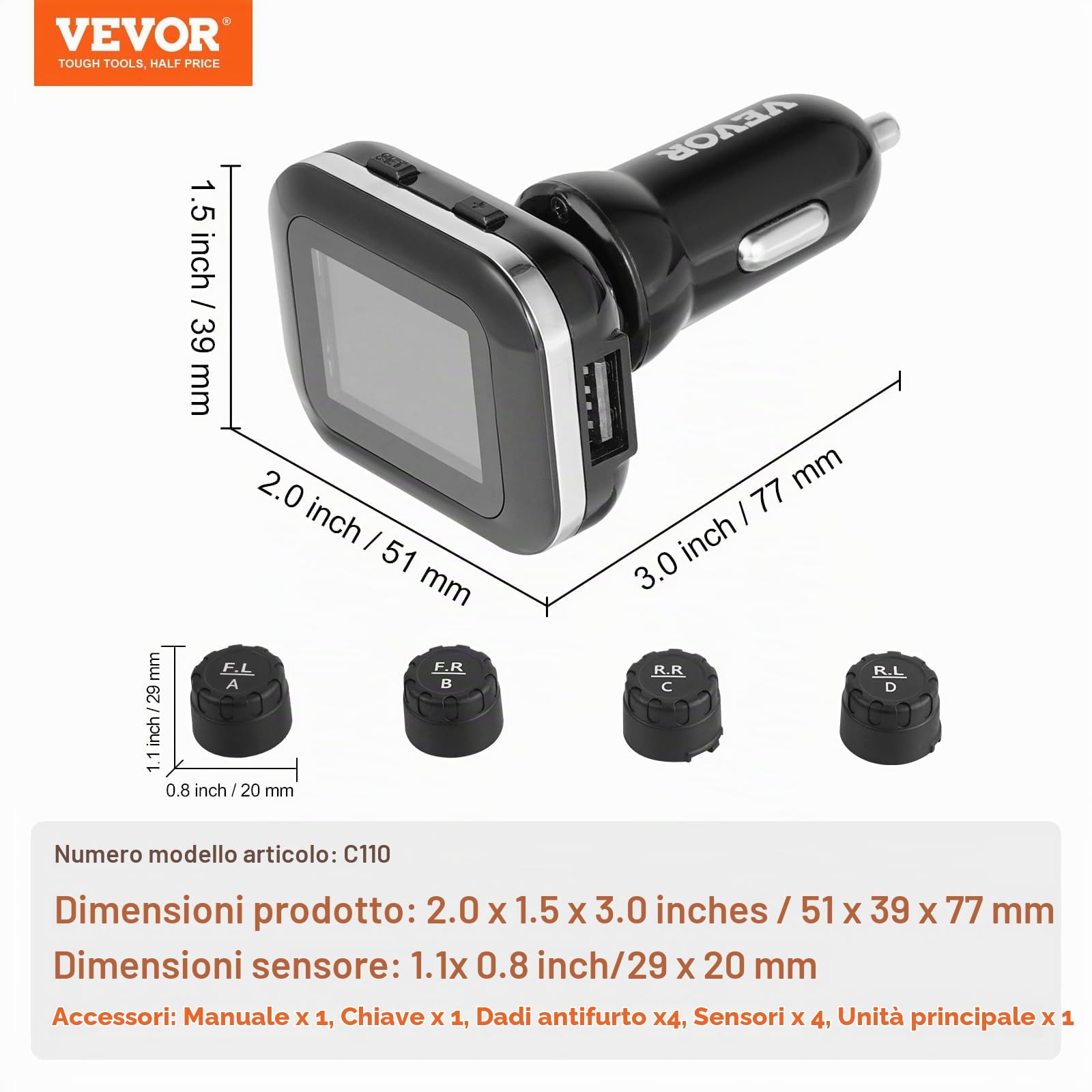 VEVOR Sistema di Monitoraggio Pressione Pneumatici per Camper, TPMS per Rimorchio 7,3-87 psi, Sistema di Allarme per Auto Universale Set di Sensori TPMS Impermeabili Visualizzazione in Tempo Reale