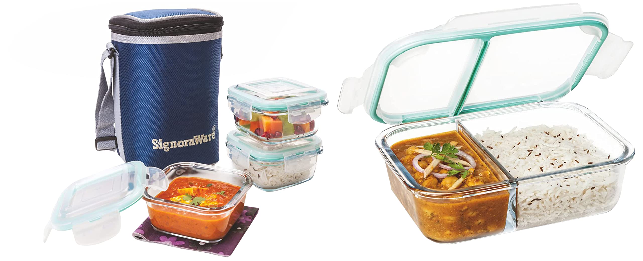Signoraware Slim Small Glass Lunch Box, 600ml/33mm, Clear & Director Glass Lunch Box Set with Bag, 320ml/13cm, 3-Pieces, Transparent Combo (B085GPK9WP) Amazon Price History, Amazon Price Tracker