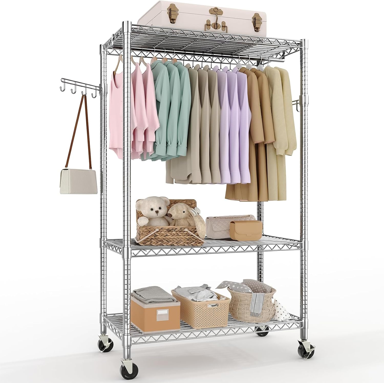 Heavy Duty Clothes Rack with Wheels, Garment Rack for Closet Organizers and Storage, Portable Closet Wardrobe Closet with Metal Shelving & Side Hooks, 727lbs Max