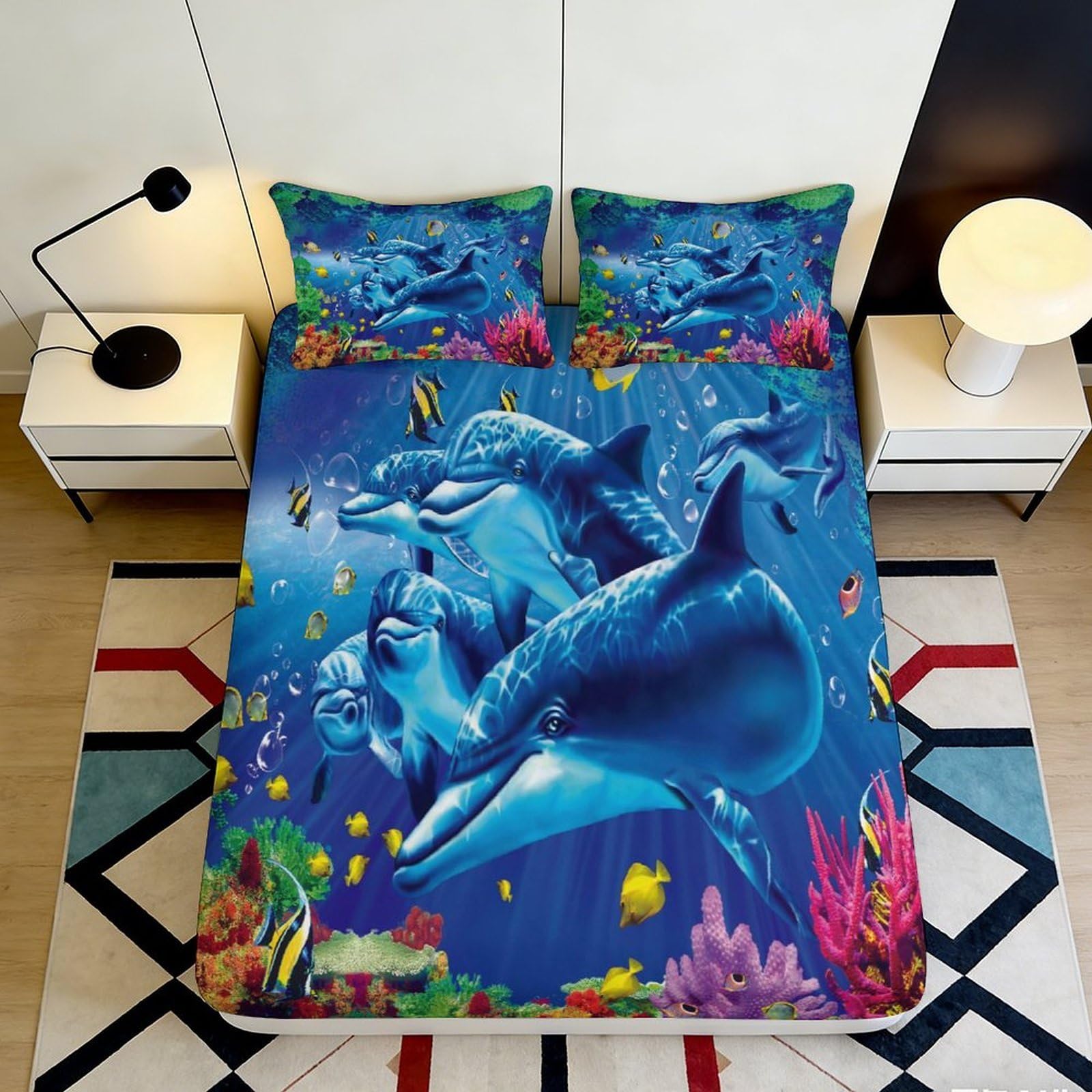 3D Printed Dolphin Pattern Fitted Sheet Microfiber Soft Breathable Underwater Scene Bed Cover for Bedroom Dormitory Guest Room Mattress Protection 140x200x25cm