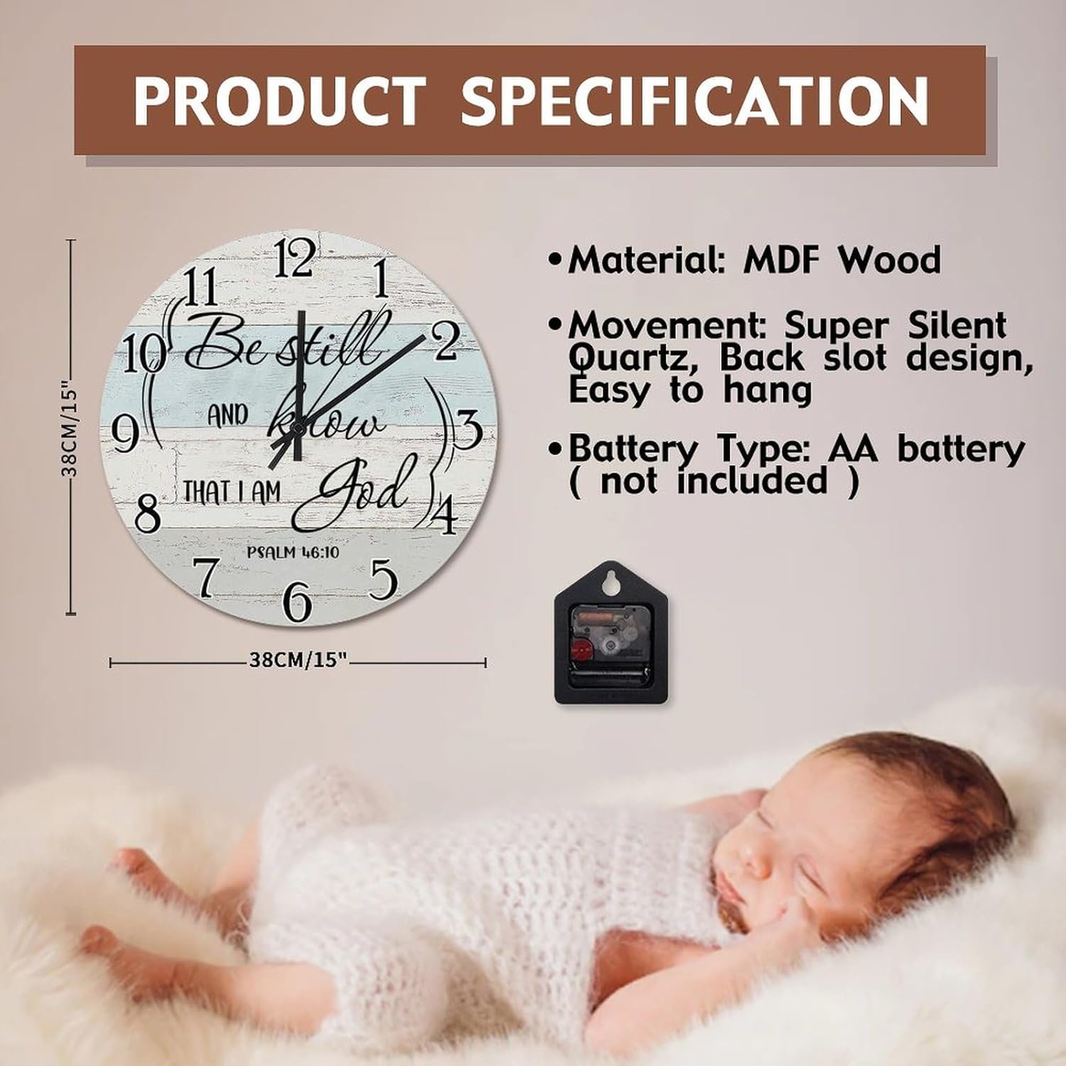 Bible Verse Wall Clock Be Still and Know That I Am God Large Wooden Wall Clocks Battery Operated 15 Inch Silent Scripture Print Decor for Bedroom Living Room Farmhouse Wall Decor