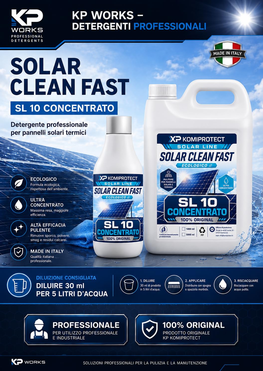 Komiprotect® SL10 Solar clean fast Detergente per Pannelli solari Concentrato, Pulitore per Pannelli Fotovoltaici e Termici, Migliora la Resa Energetica (5 lt (1 confezione))
