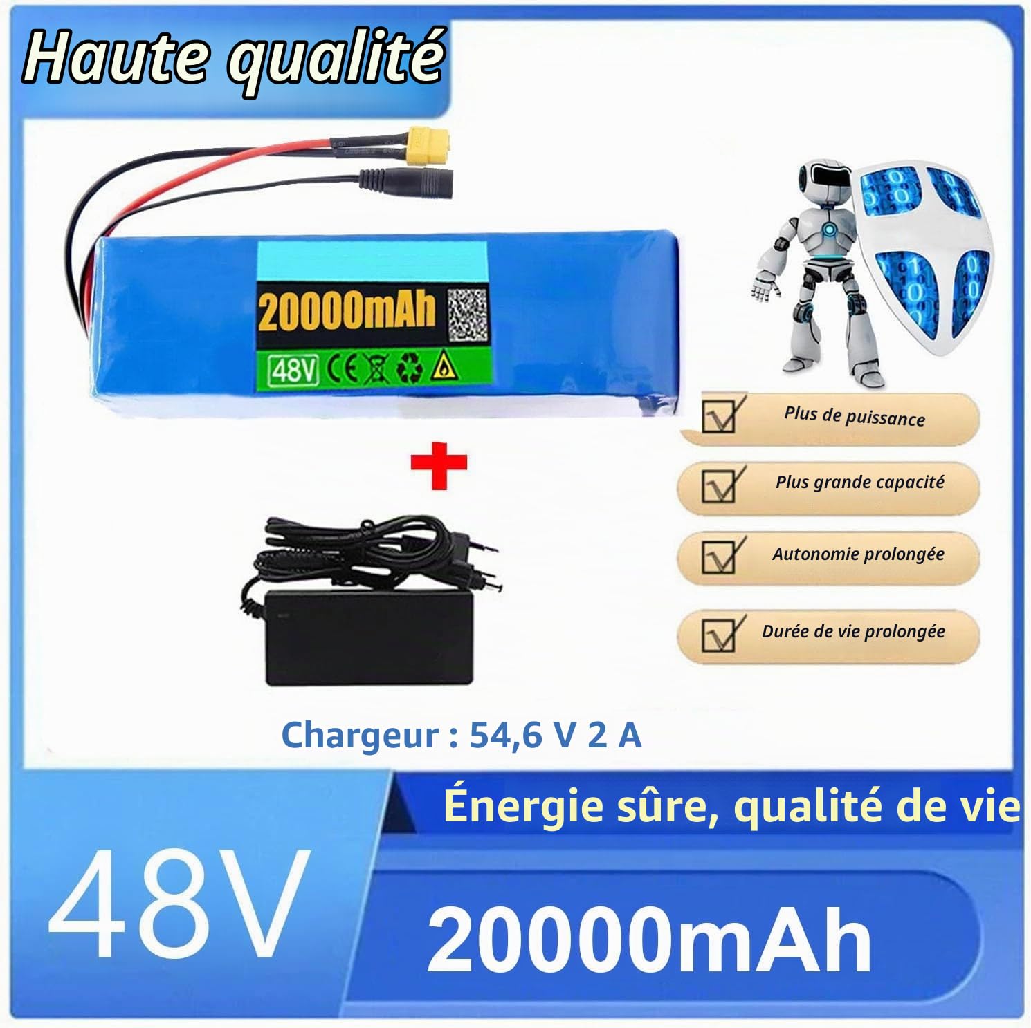 Batterie Trottinette Électrique 48V 20Ah pour Scooter Vélo Électrique Protection BMS 13S3P pour Kit De Conversion 200W 350W 500W 800W avec Chargeur