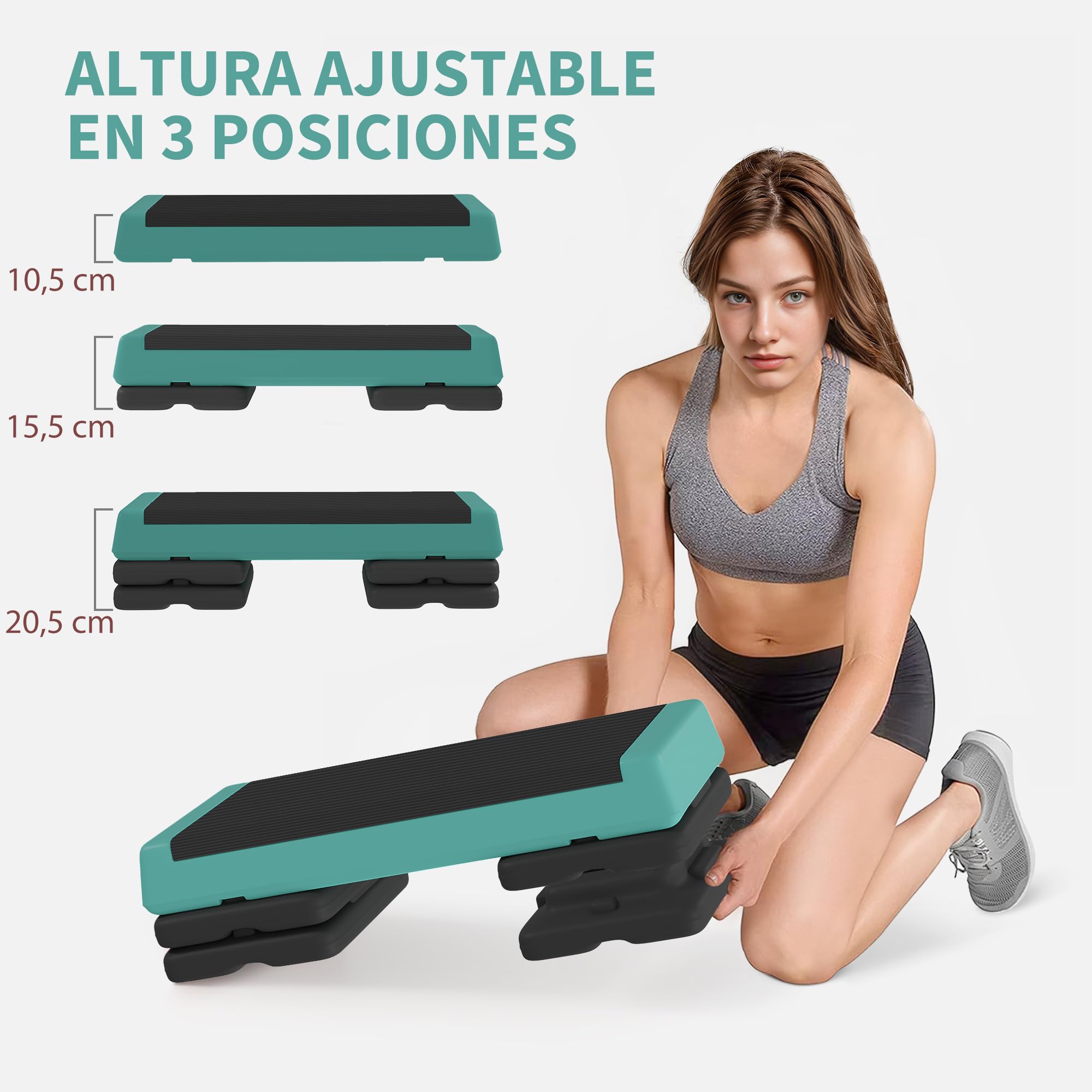 SPORTNOW Step de Aeróbic, Step para Fitness Antideslizante, Altura Regulable 3 Niveles de 10,5/15,5/20,5 cm, Carga 250 kg, para Ejercicio en Casa, Gimnasio, 77x36x20,5 cm