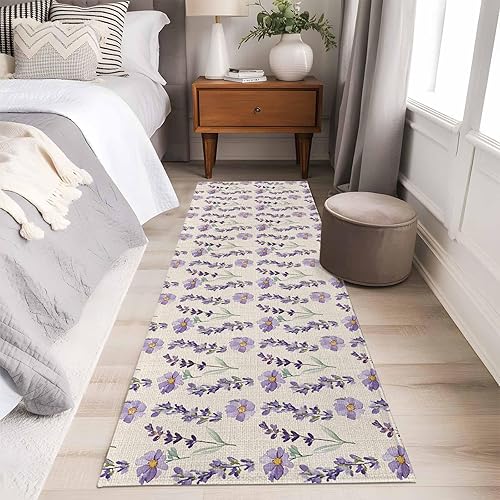 Miniatura 13 de Alfombra de área de 5 x 8 pies para sala de estar, alfombra de dormitorio floral lavanda, alfombra lavable antideslizante, alfombra de verano con